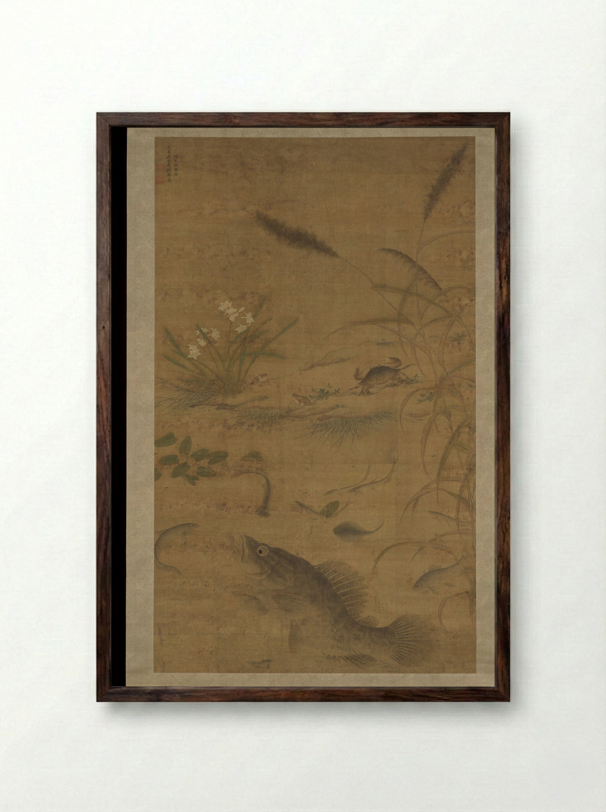 Flowers, fish, and crabs - Liu Jie - Framed Print Dark Wood