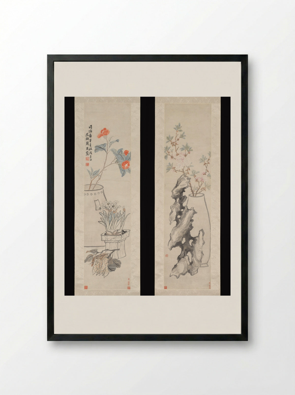 Flowers: (a) Peach-blossom and Spiritual Stone; (b) Camellia, Narcissus and Buddha's Hand - Zhou Cunbo - Framed Print Black