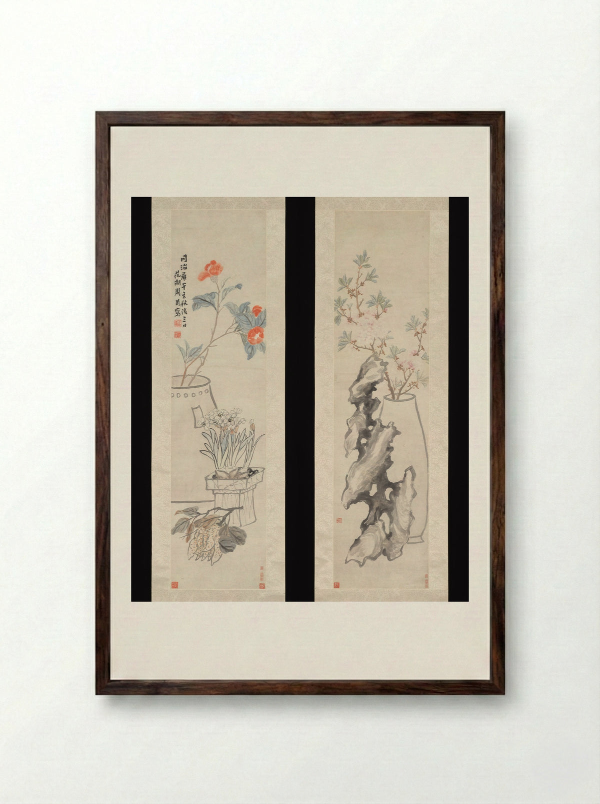 Flowers: (a) Peach-blossom and Spiritual Stone; (b) Camellia, Narcissus and Buddha's Hand - Zhou Cunbo - Framed Print Dark Wood