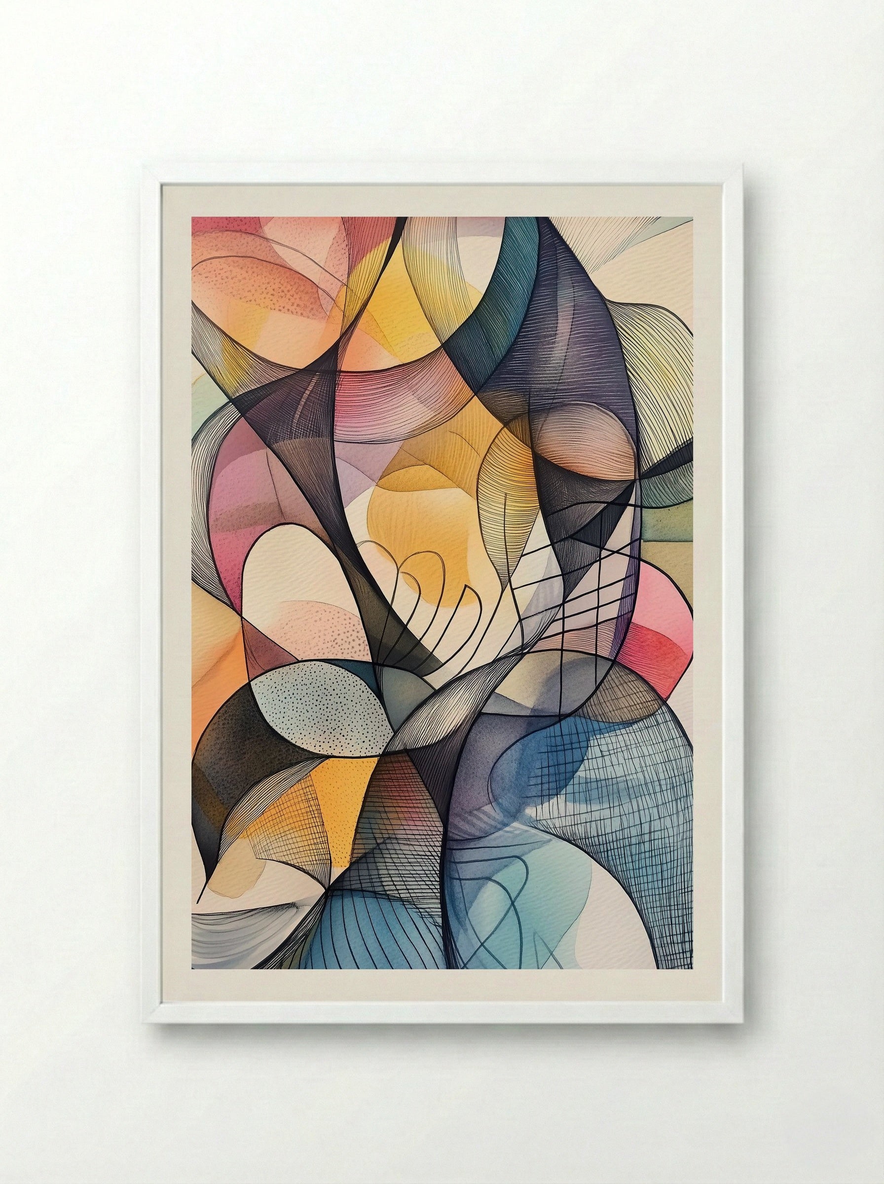 Flowform – Geometric Linework and Colourfield Abstraction - Framed Print White