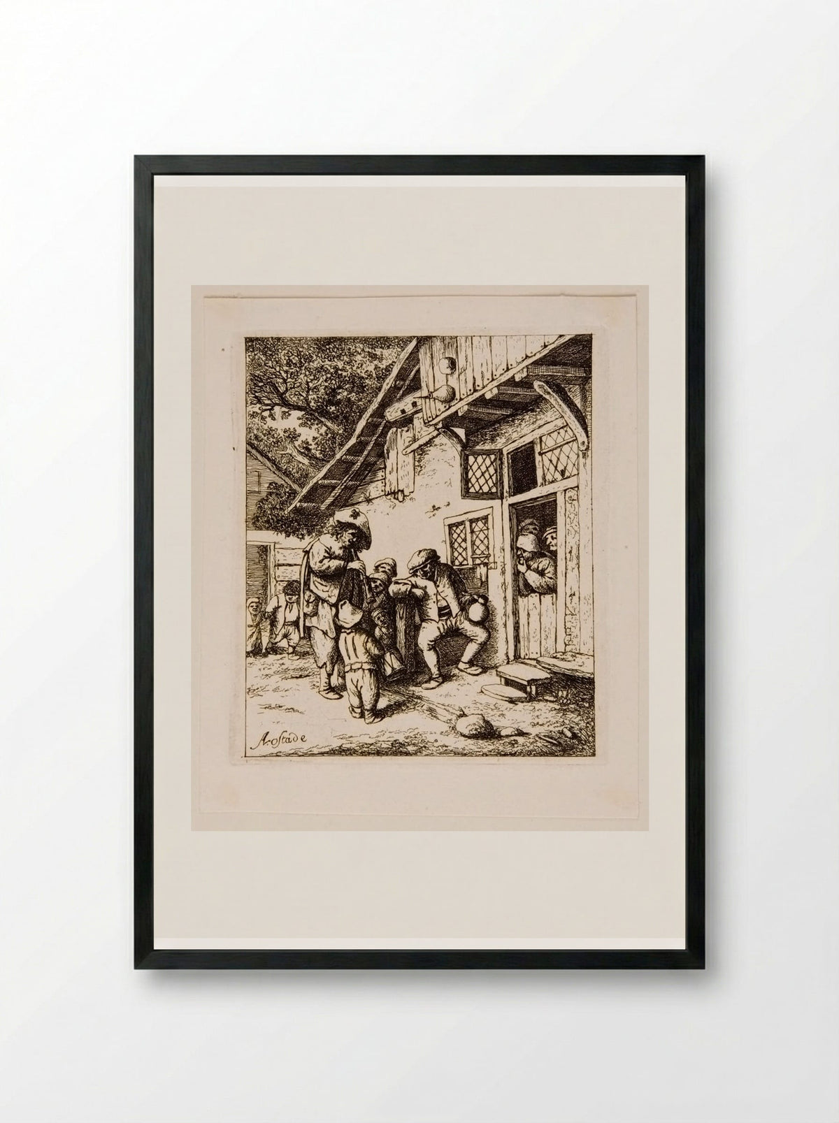 Flute Player and Drummer Boy in front of a House - David Deuchar - Framed Print Black