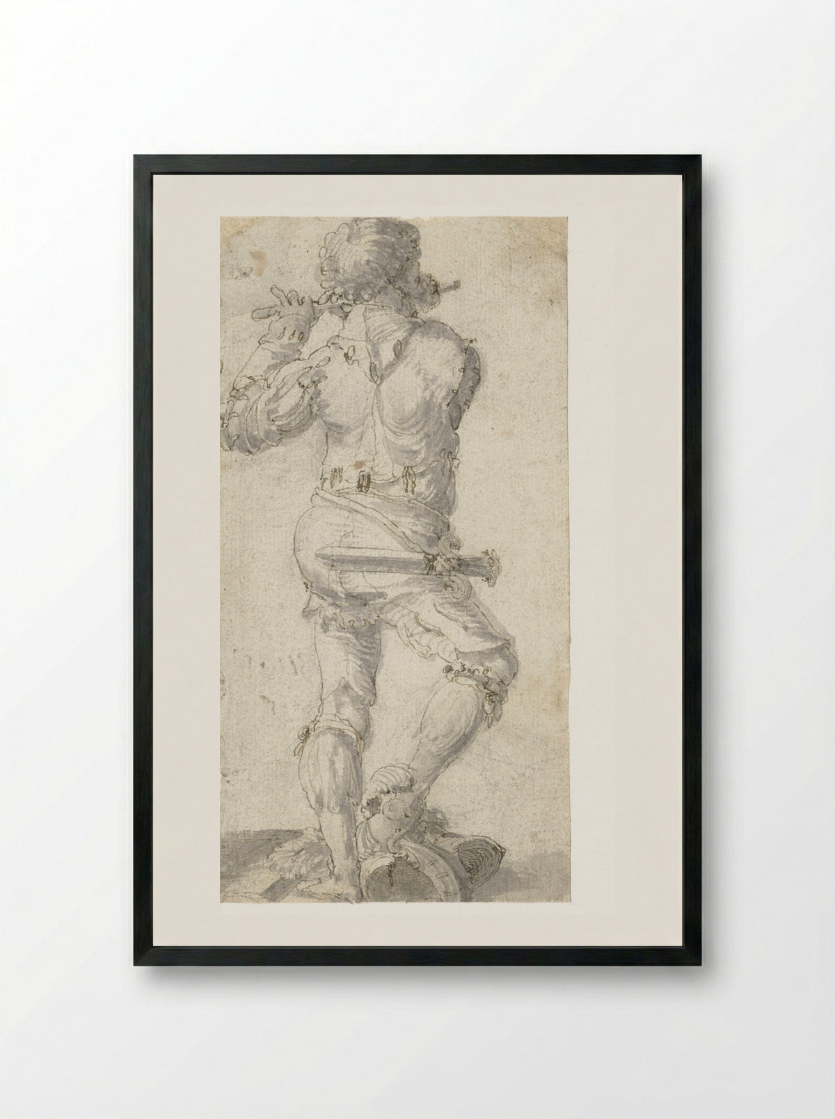 Flute Player with Right Foot on a Helmet, Seen from the Back - Aertgen Claesz. van Leyden - Framed Print Black