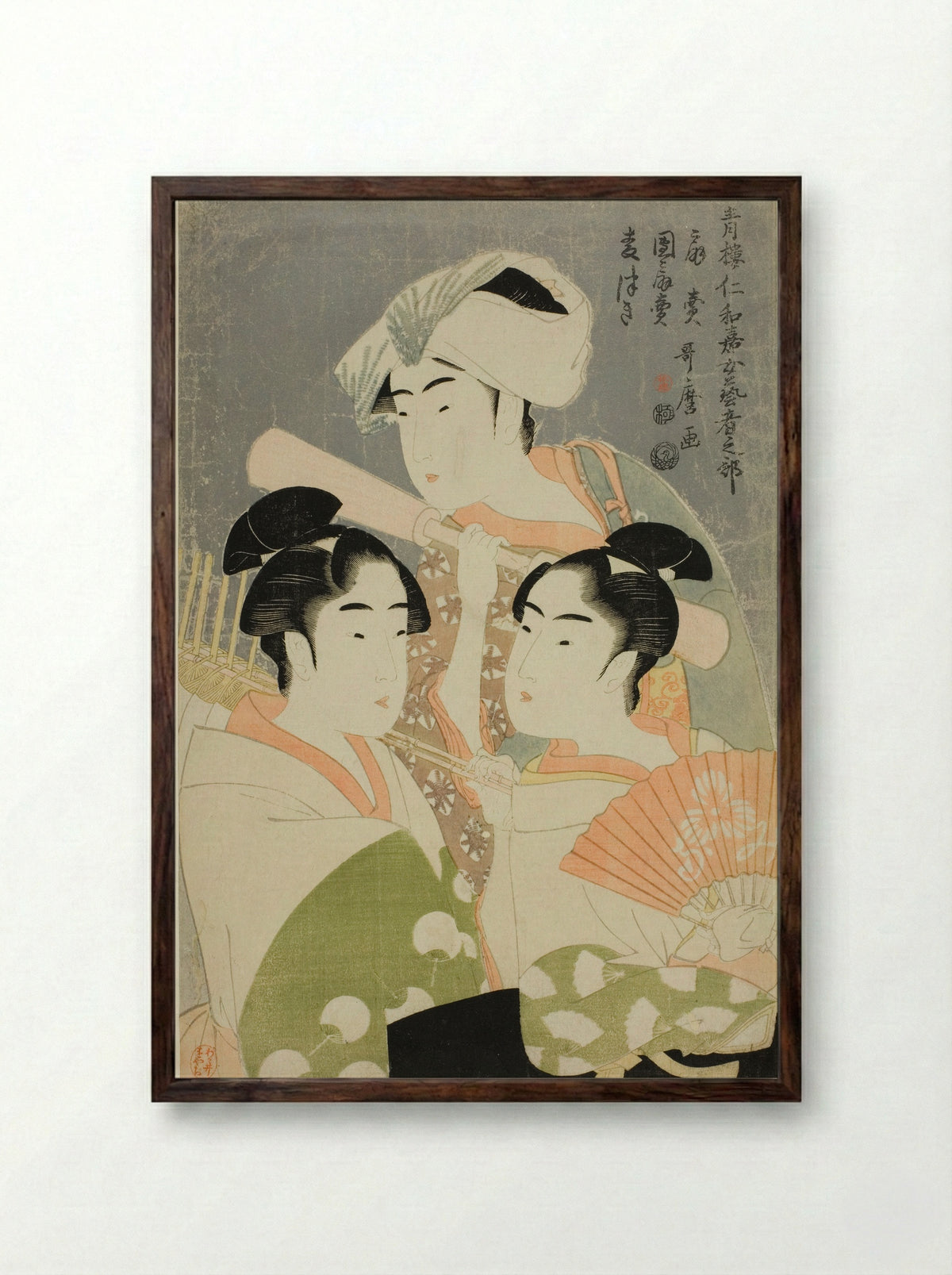 Folding Fan Seller, Round Fan Seller, and Barley Pounder - Kitagawa Utamaro - Framed Print Dark Wood