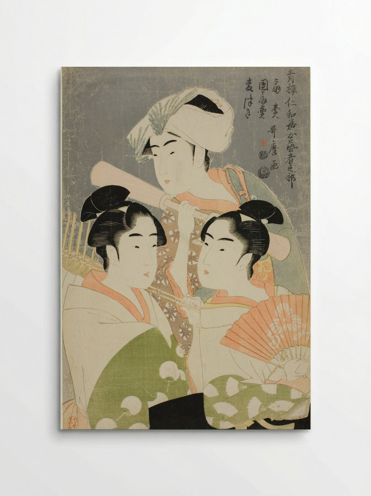 Folding Fan Seller, Round Fan Seller, and Barley Pounder - Kitagawa Utamaro - Poster