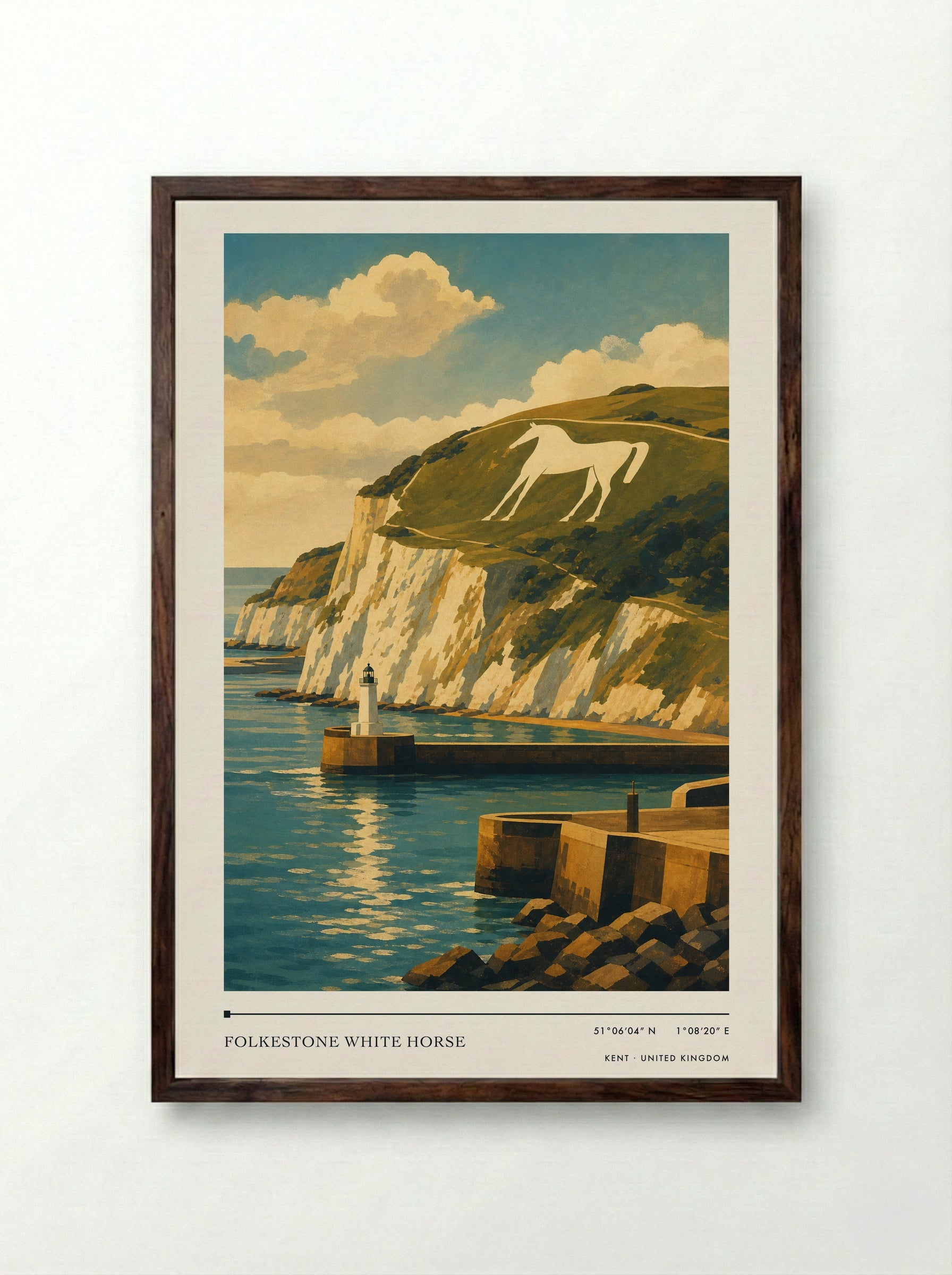 Folkestone White Horse Kent United Kingdom Travel Poster - Framed Print Dark Wood