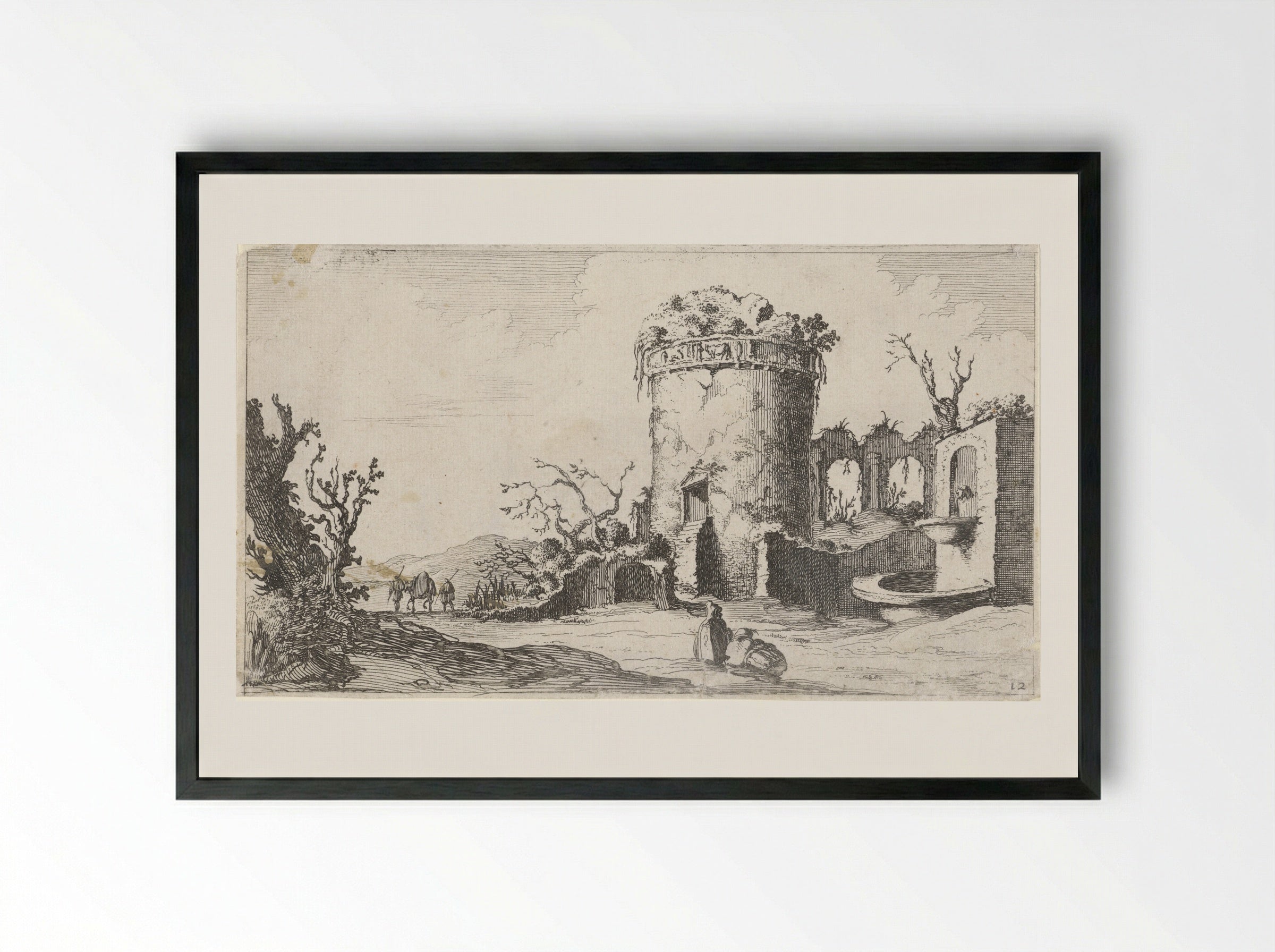 Fontein bij ruïne met een ronde toren - Gillis van Scheyndel (I) - Framed Print Black