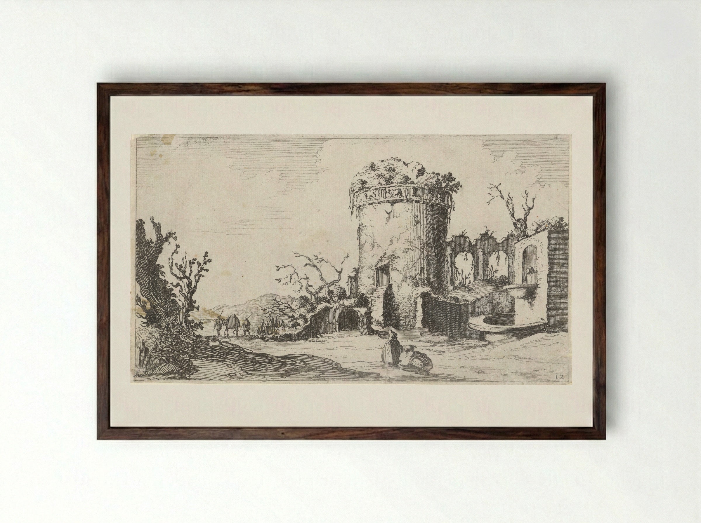 Fontein bij ruïne met een ronde toren - Gillis van Scheyndel (I) - Framed Print Dark Wood