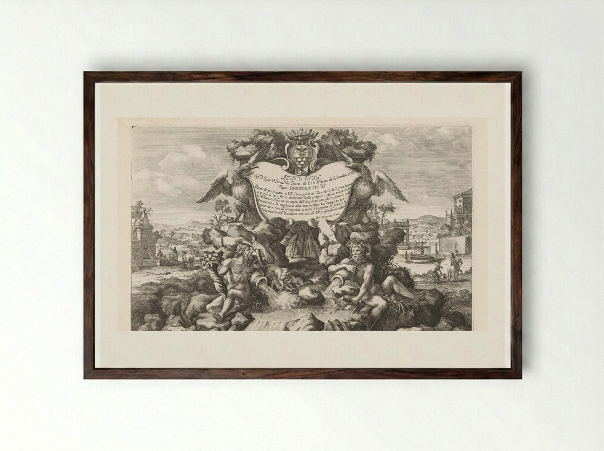 Fontein met opdracht aan en wapen van Livio Odescalchi - Giovanni Giacomo de' Rossi - Framed Print Dark Wood