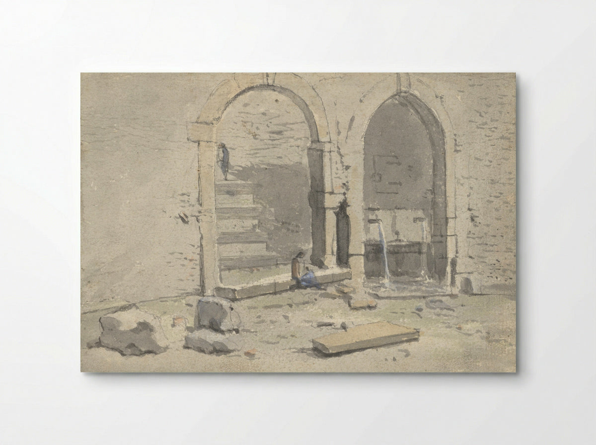 Fontein tegen een stadsmuur, waarin een trap is gebouwd - Theodoor Wilkens - Poster