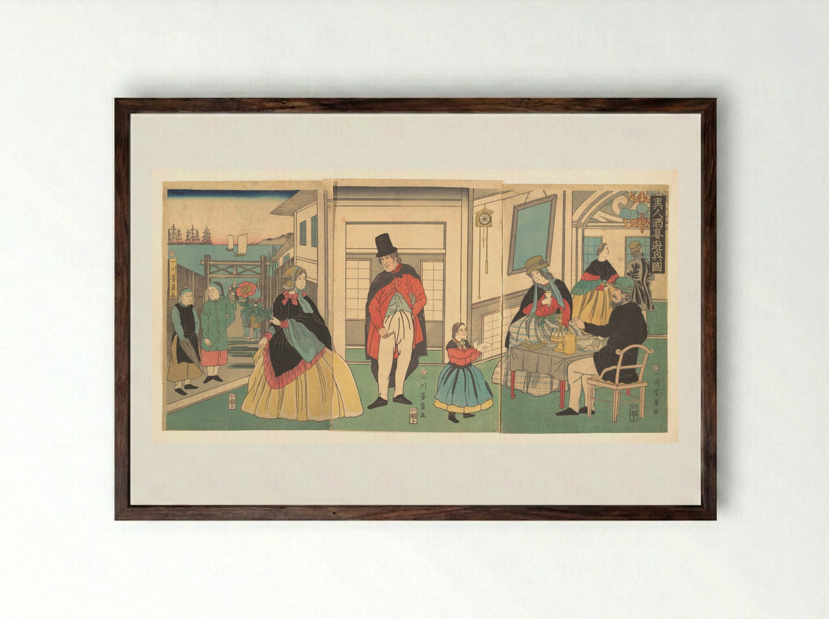 Foreigners Enjoying a Banquet - Utagawa Yoshikazu - Framed Print Dark Wood