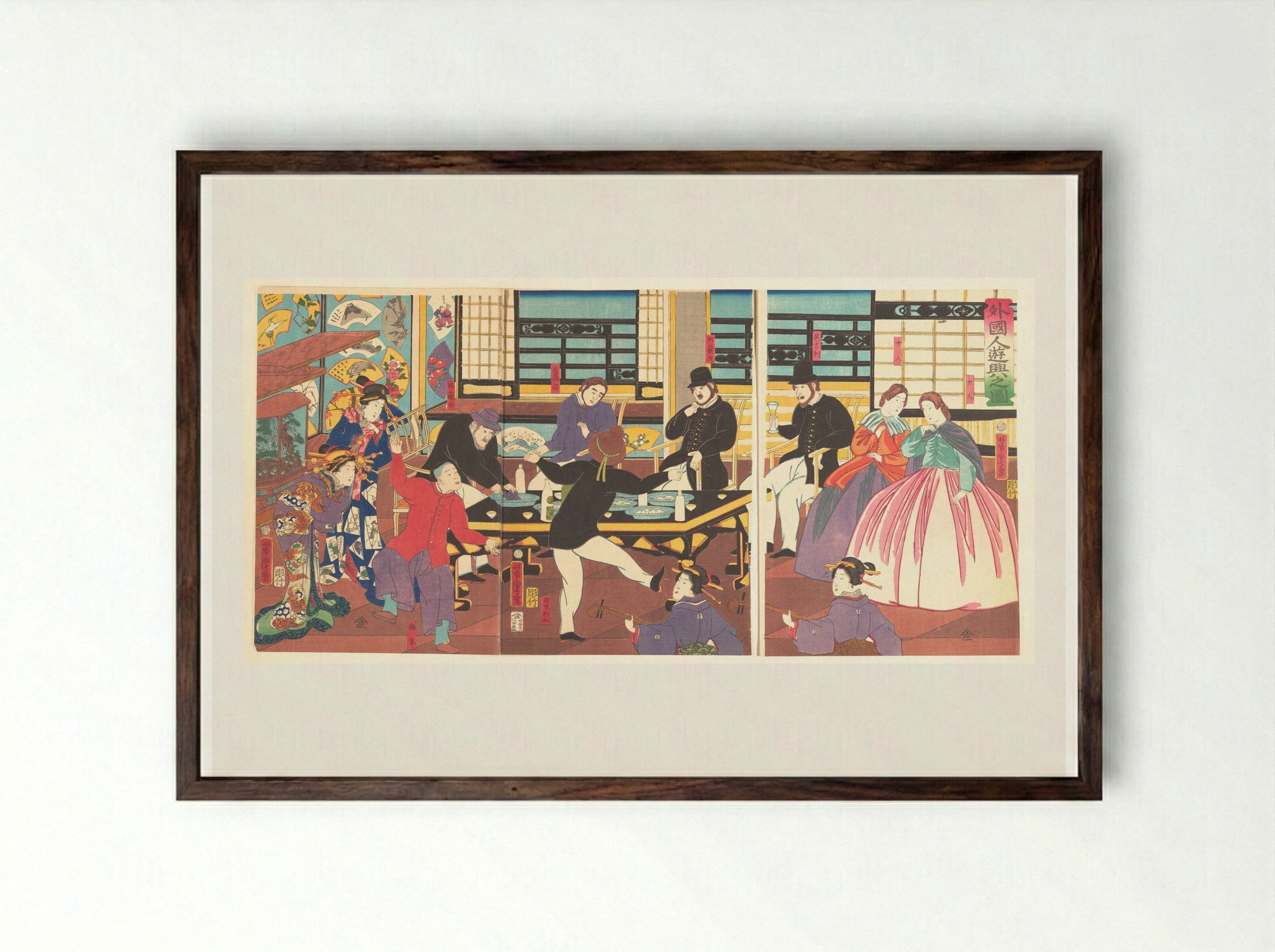 Foreigners Enjoying a Party (Gaikokujin yūkyō no zu) - Utagawa Yoshitora - Framed Print Dark Wood