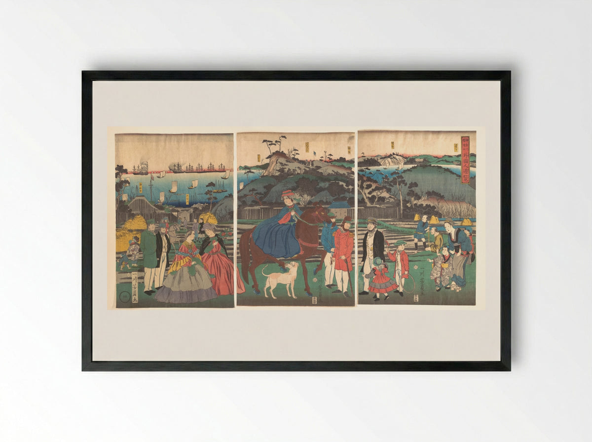 Foreigners Visiting the Famous Site of Mount Gongen in Kanagawa - Utagawa Yoshikazu - Framed Print Black