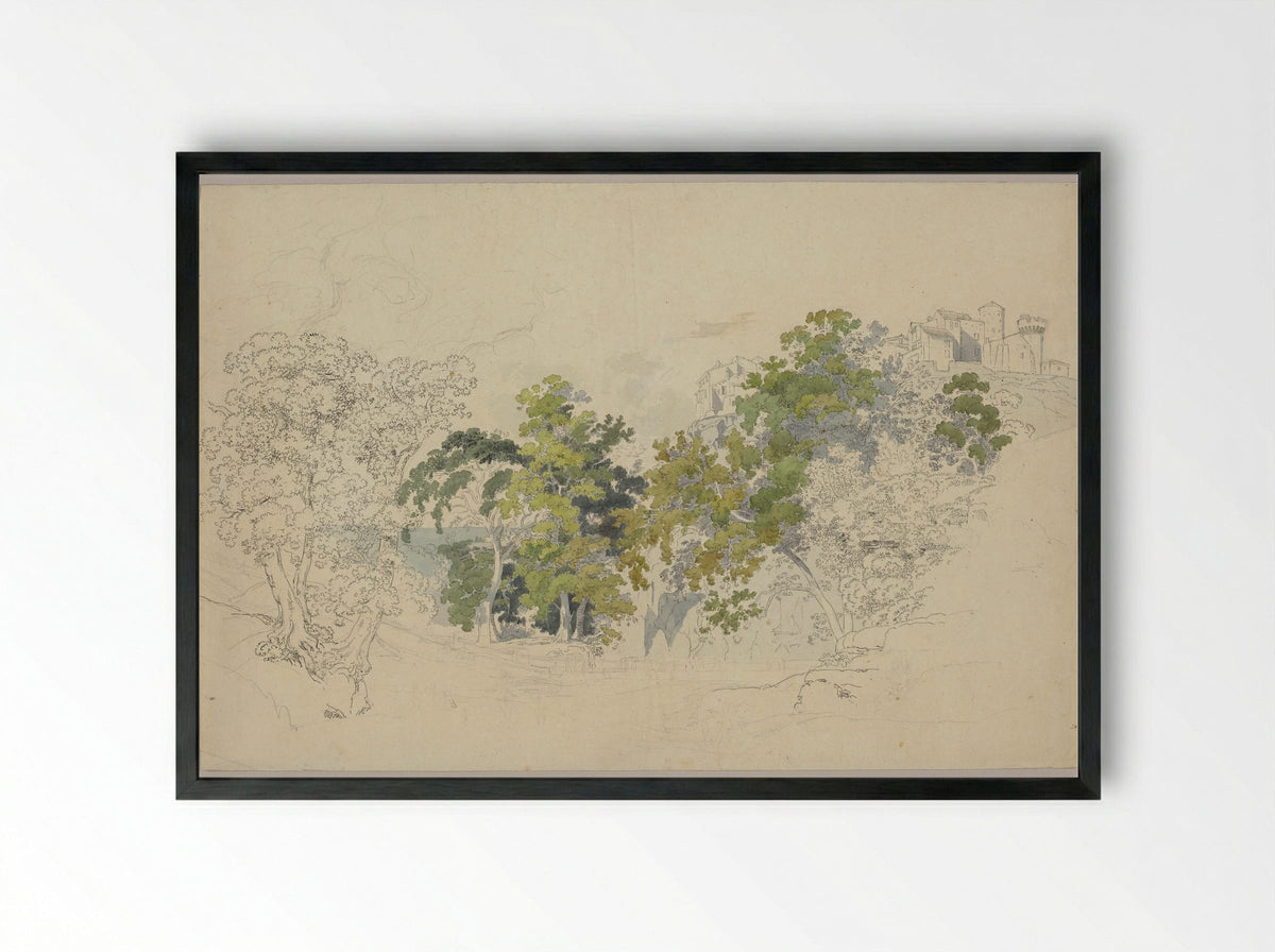 Forested Landscape below an Italian Village - Friedrich Salathé - Framed Print Black