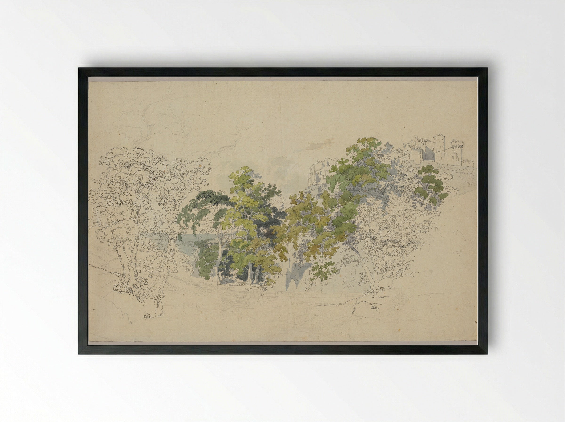 Forested Landscape below an Italian Village - Friedrich Salathé - Framed Print Black