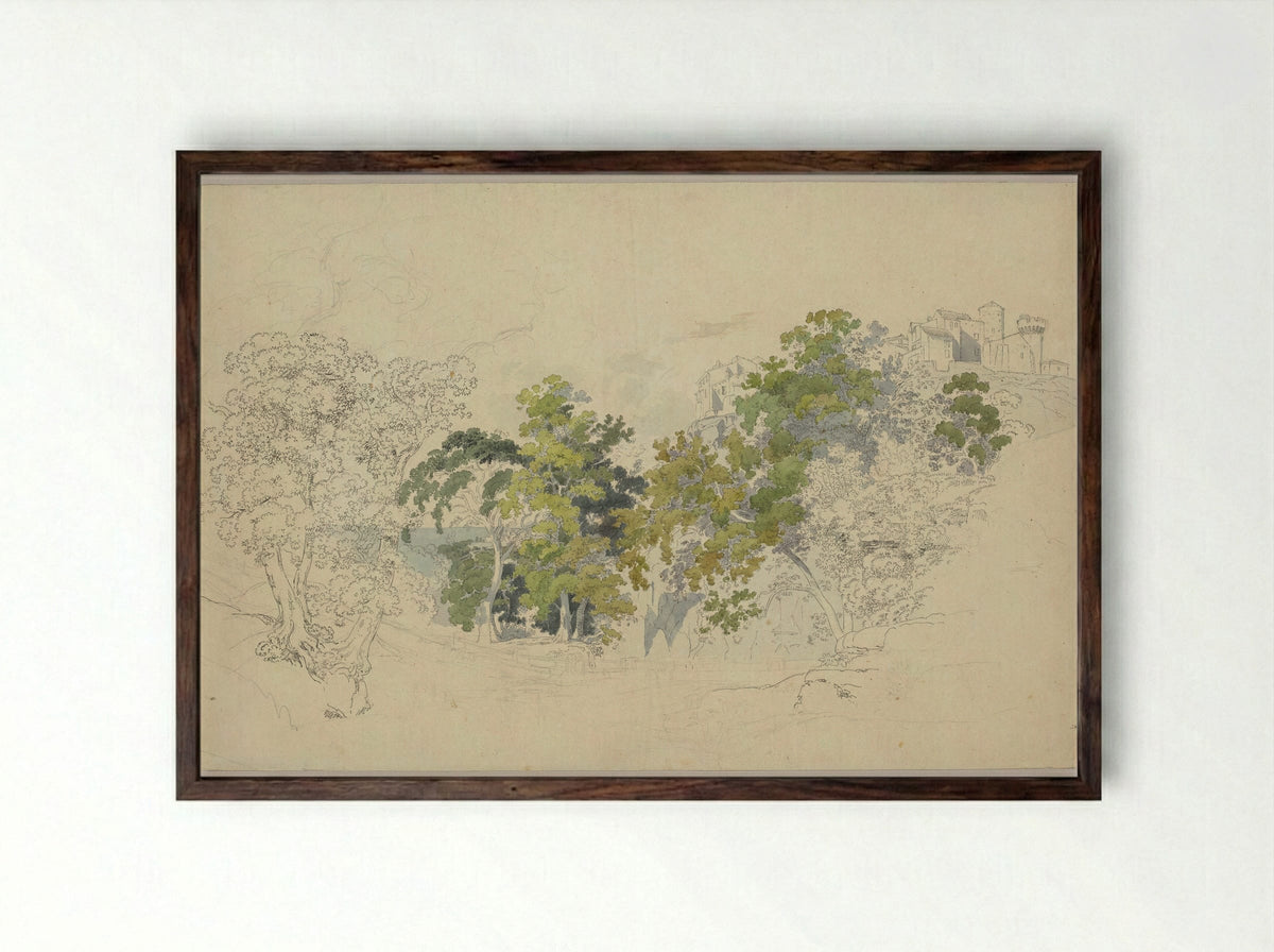 Forested Landscape below an Italian Village - Friedrich Salathé - Framed Print Dark Wood