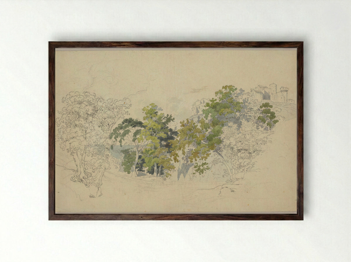 Forested Landscape below an Italian Village - Friedrich Salathé - Framed Print Dark Wood
