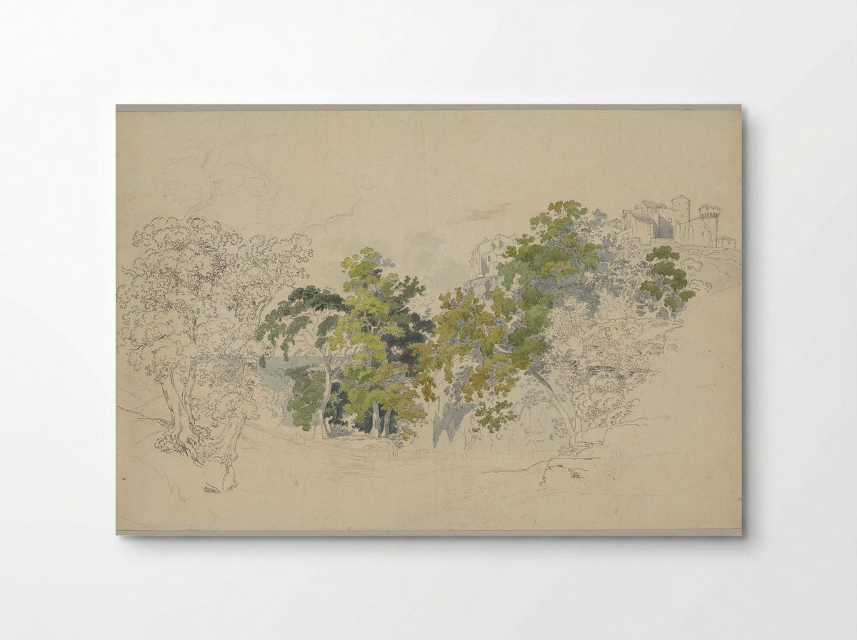 Forested Landscape below an Italian Village - Friedrich Salathé - Poster