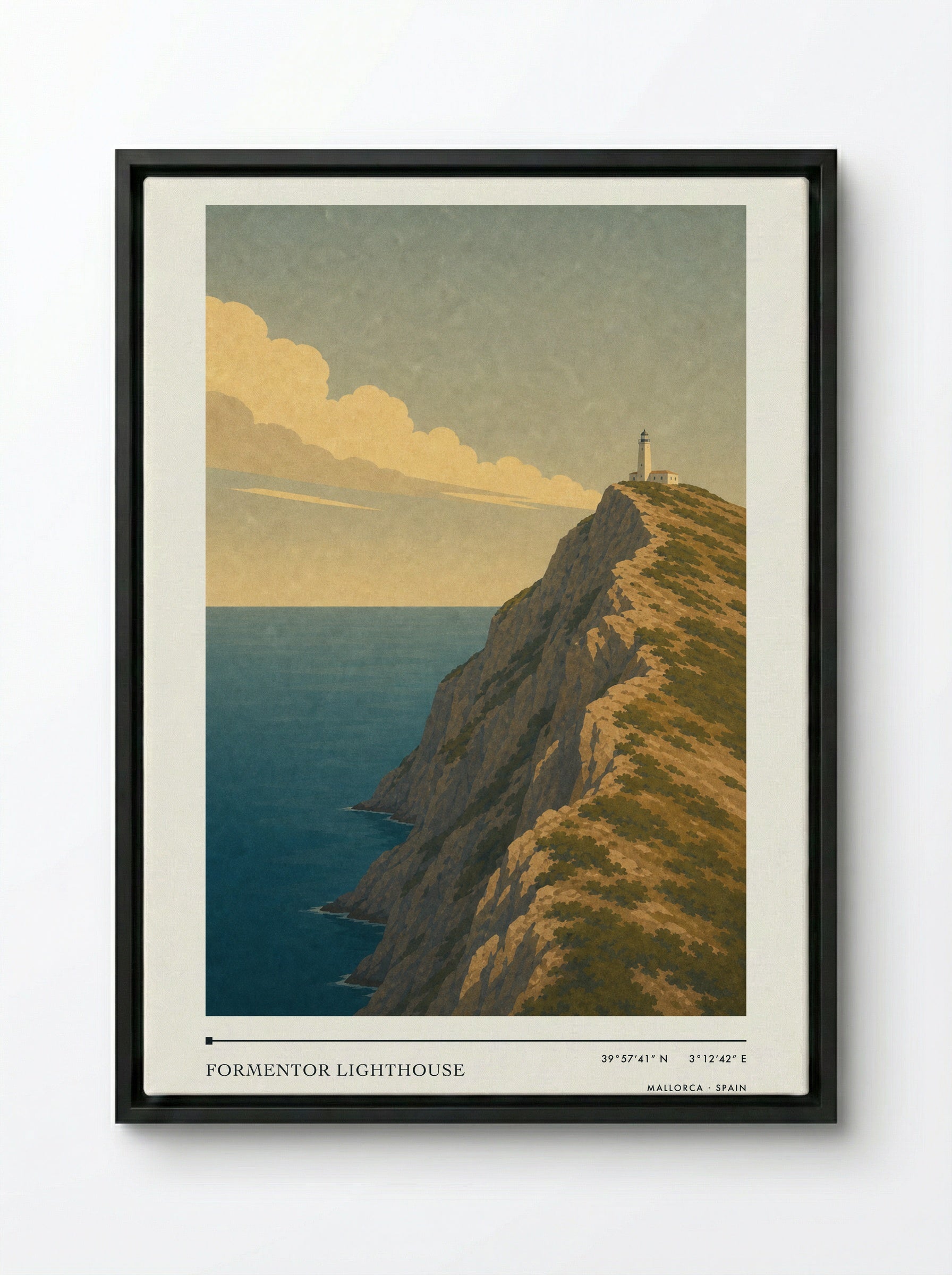 Formentor Lighthouse Travel Poster Artwork - Framed Canvas Black