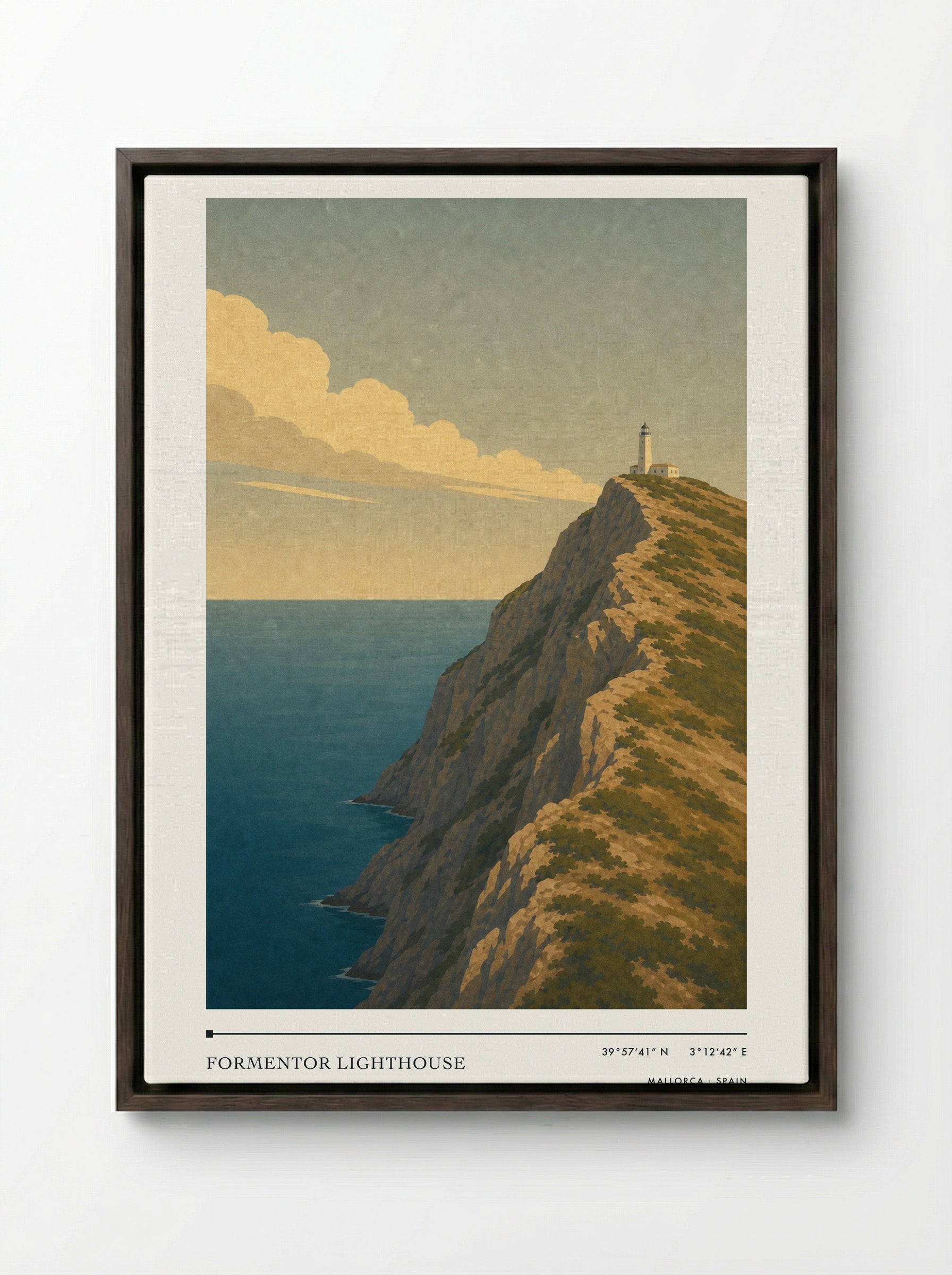 Formentor Lighthouse Travel Poster Artwork - Framed Canvas Dark Wood