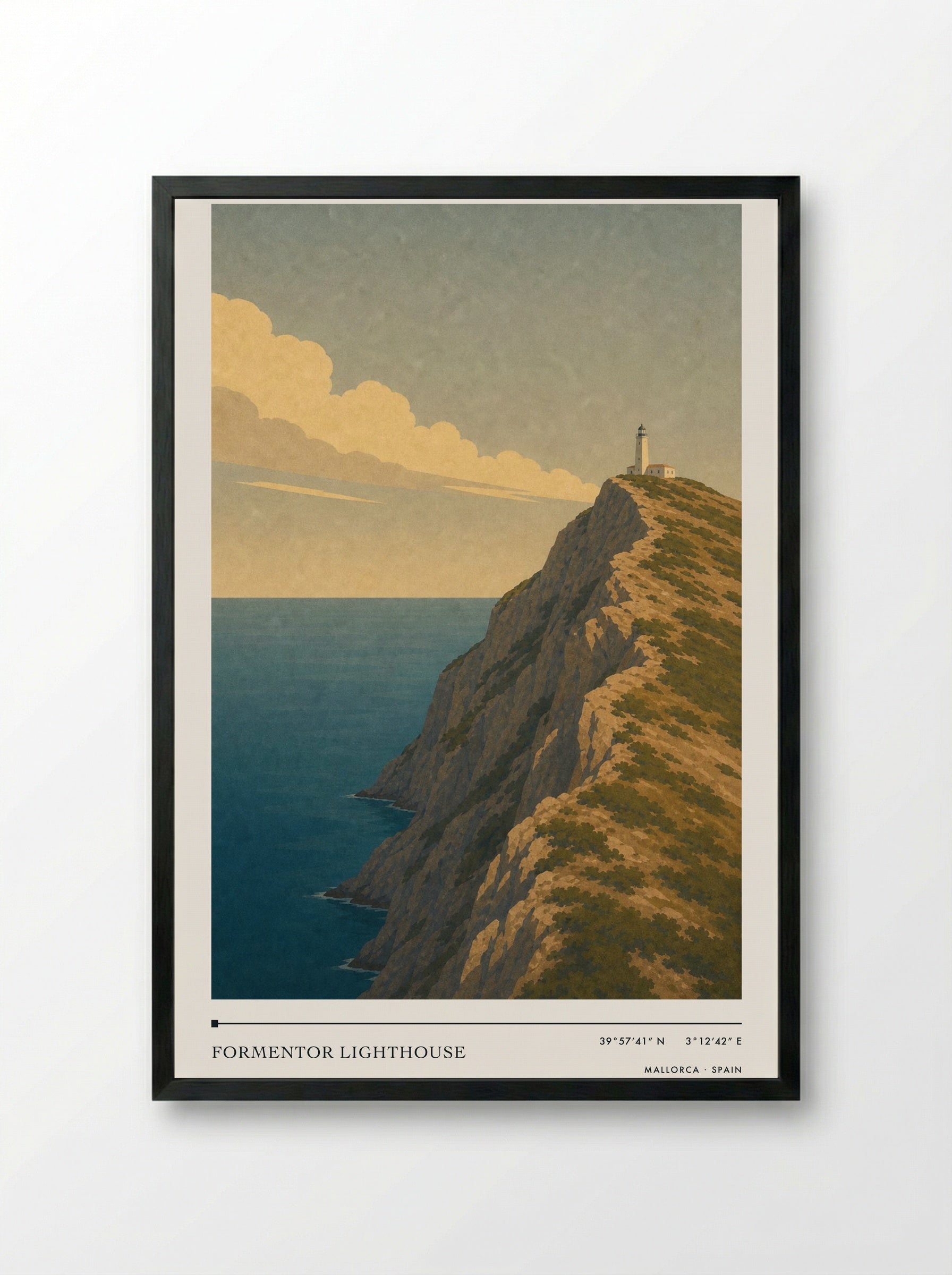 Formentor Lighthouse Travel Poster Artwork - Framed Print Black