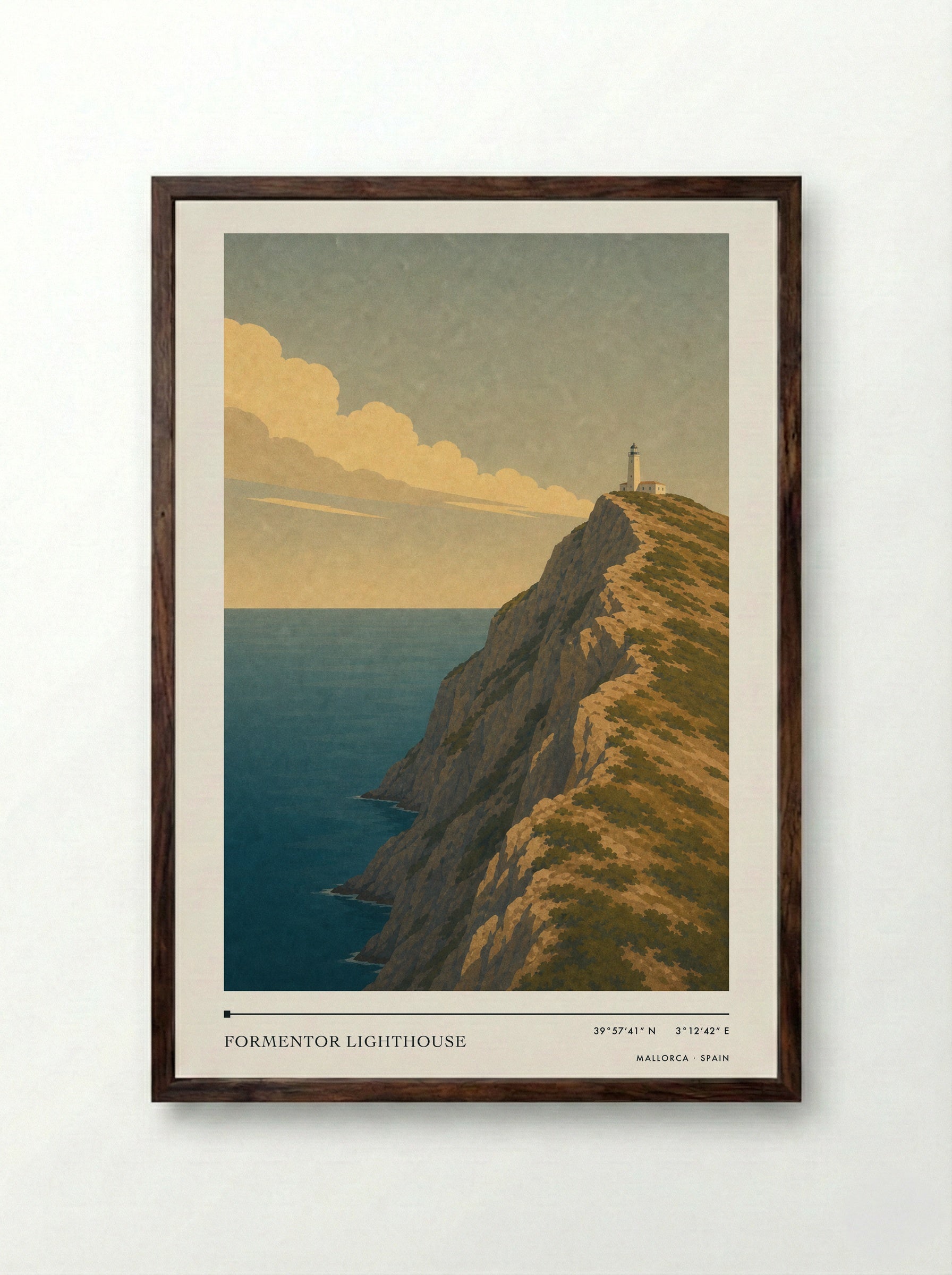 Formentor Lighthouse Travel Poster Artwork - Framed Print Dark Wood