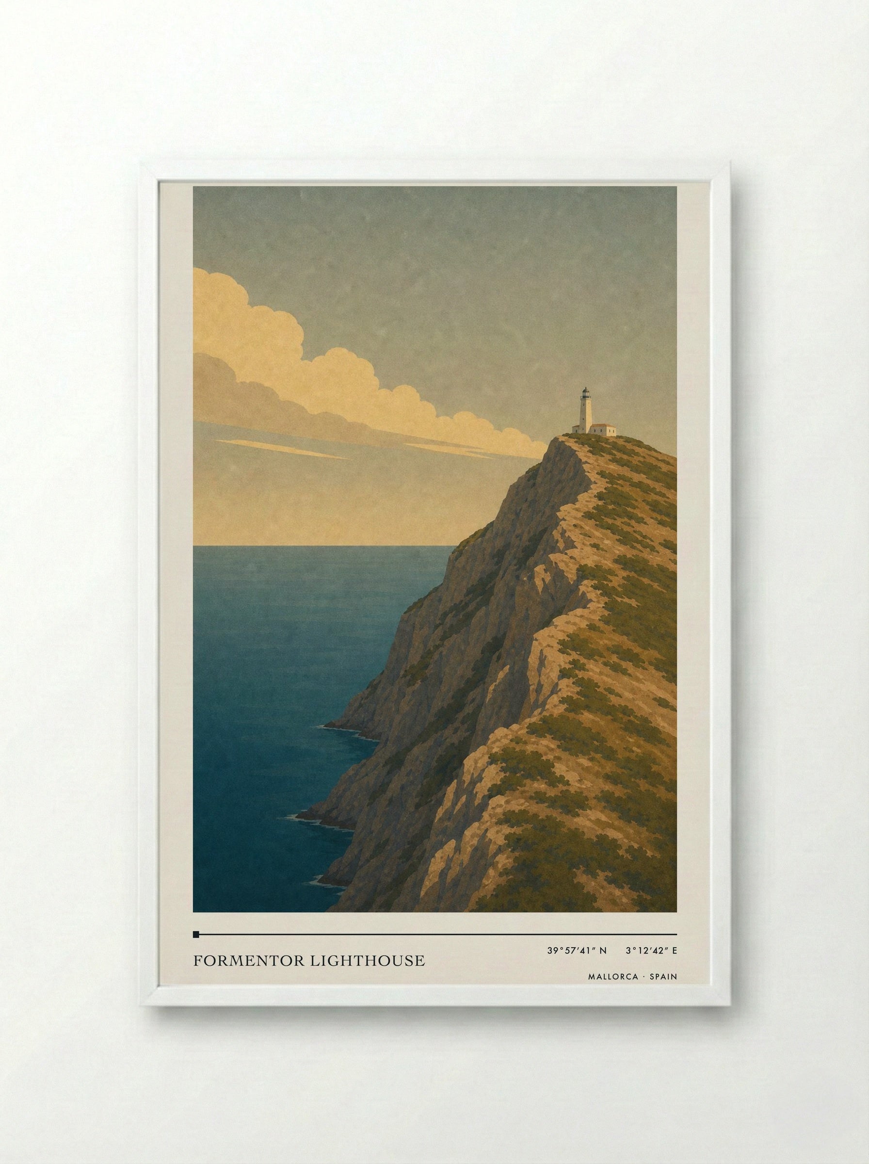 Formentor Lighthouse Travel Poster Artwork - Framed Print White