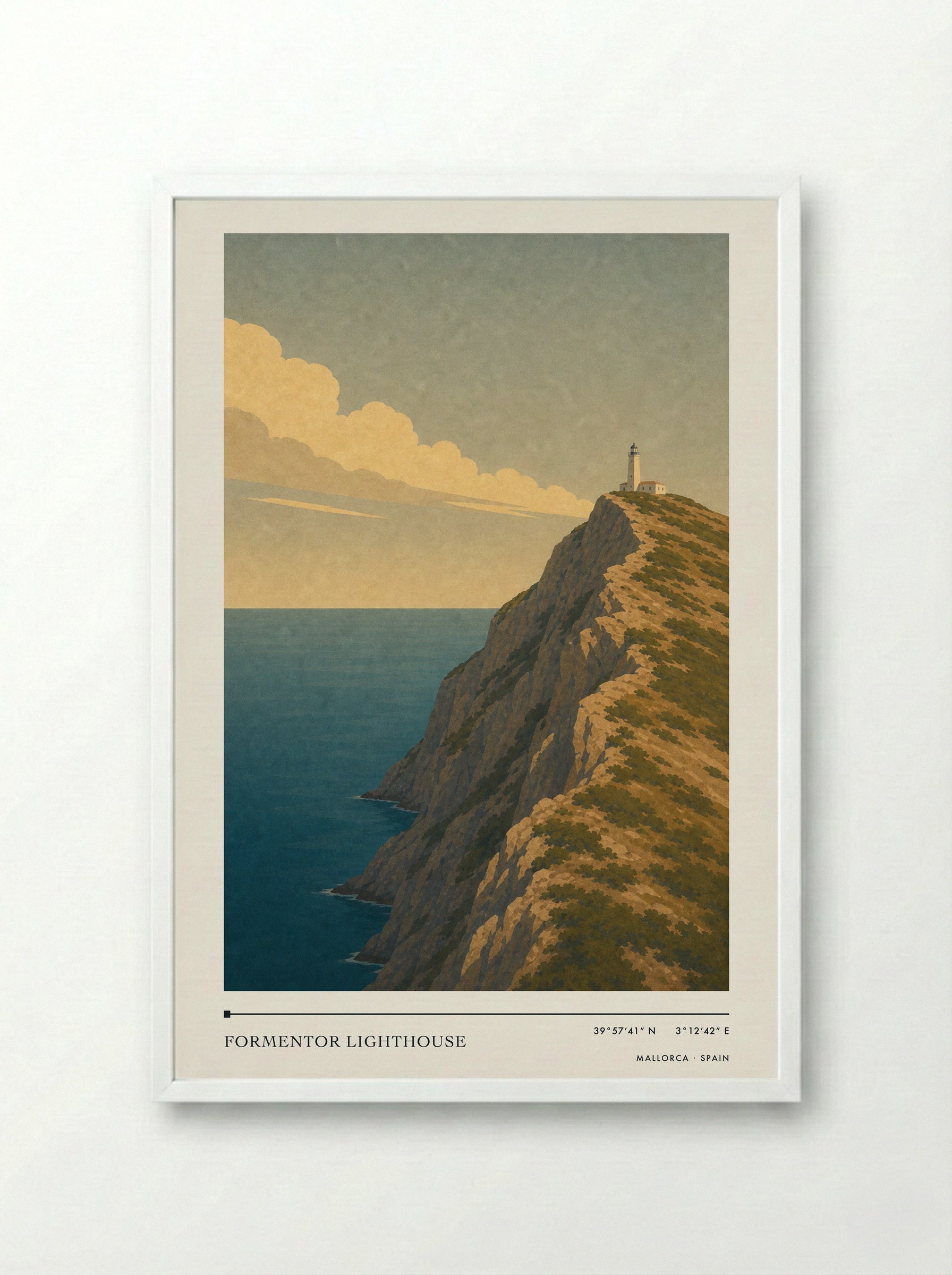 Formentor Lighthouse Travel Poster Artwork - Framed Print White