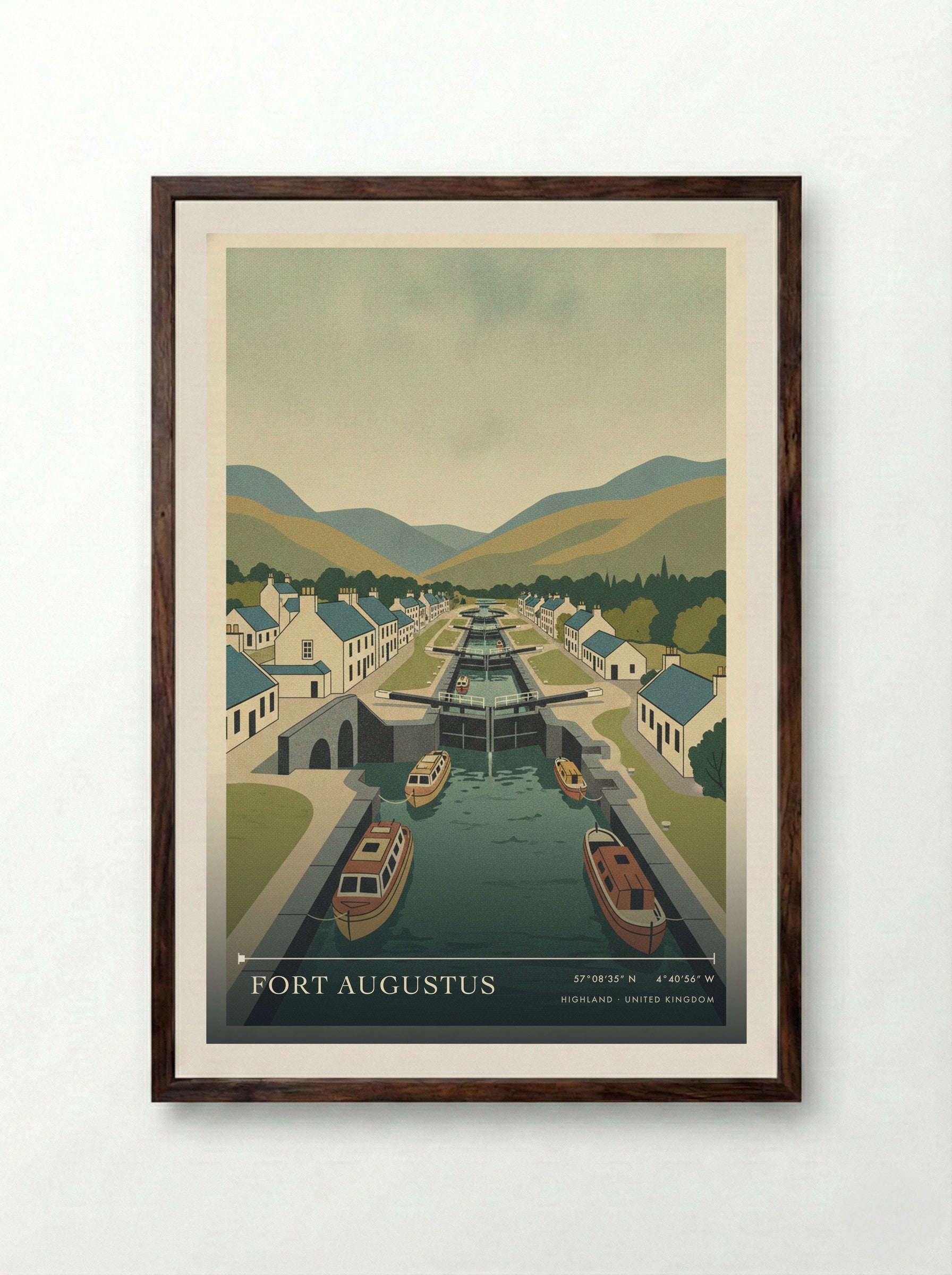 Fort Augustus Highland United Kingdom Travel Poster - Framed Print Dark Wood