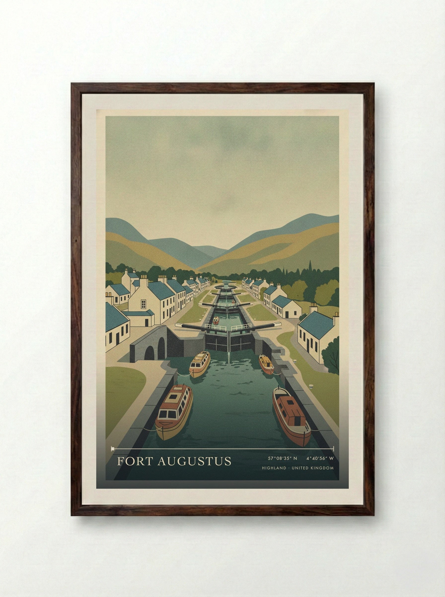 Fort Augustus Highland United Kingdom Travel Poster - Framed Print Dark Wood