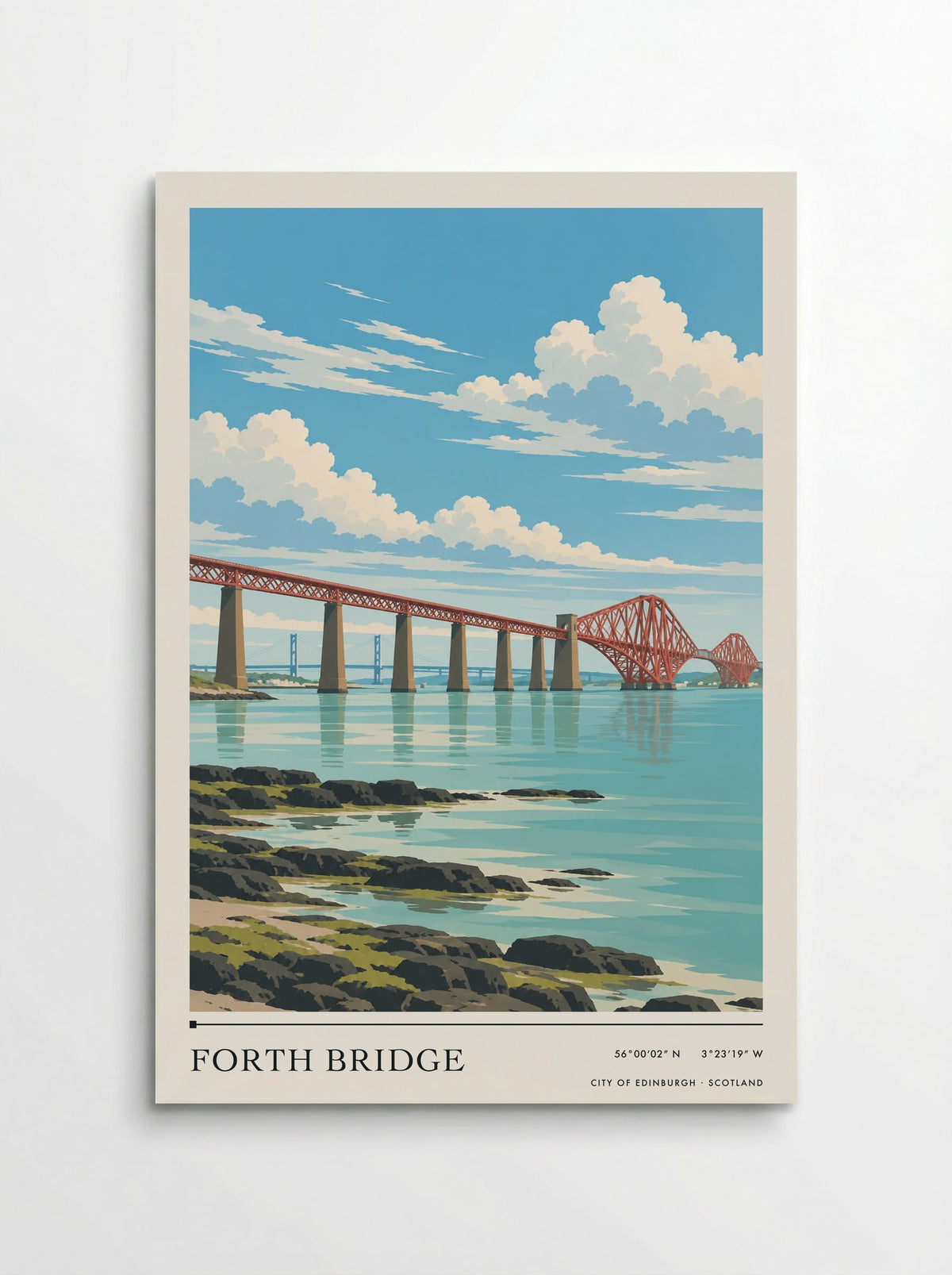 Forth Bridge, City of Edinburgh travel poster: red cantilever towers reflected in turquoise water, stone piers and a distant crossing beneath summer clouds