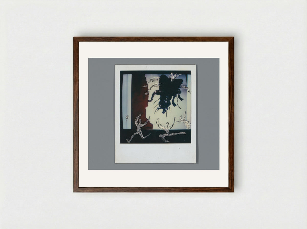Fotoreproductie van een stilstaand televisiebeeld met sculptuur van een vlieg - Aat Veldhoen - Framed Print Dark Wood
