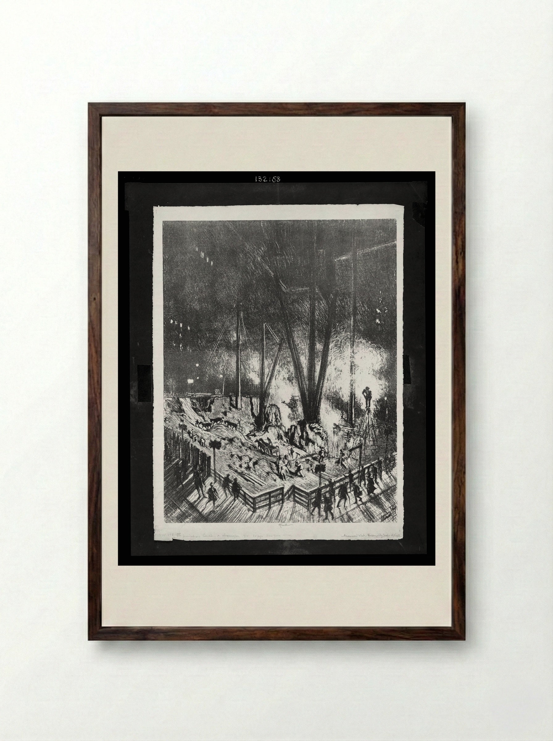 Foundations, Building at Night - Joseph Pennell - Framed Print Dark Wood