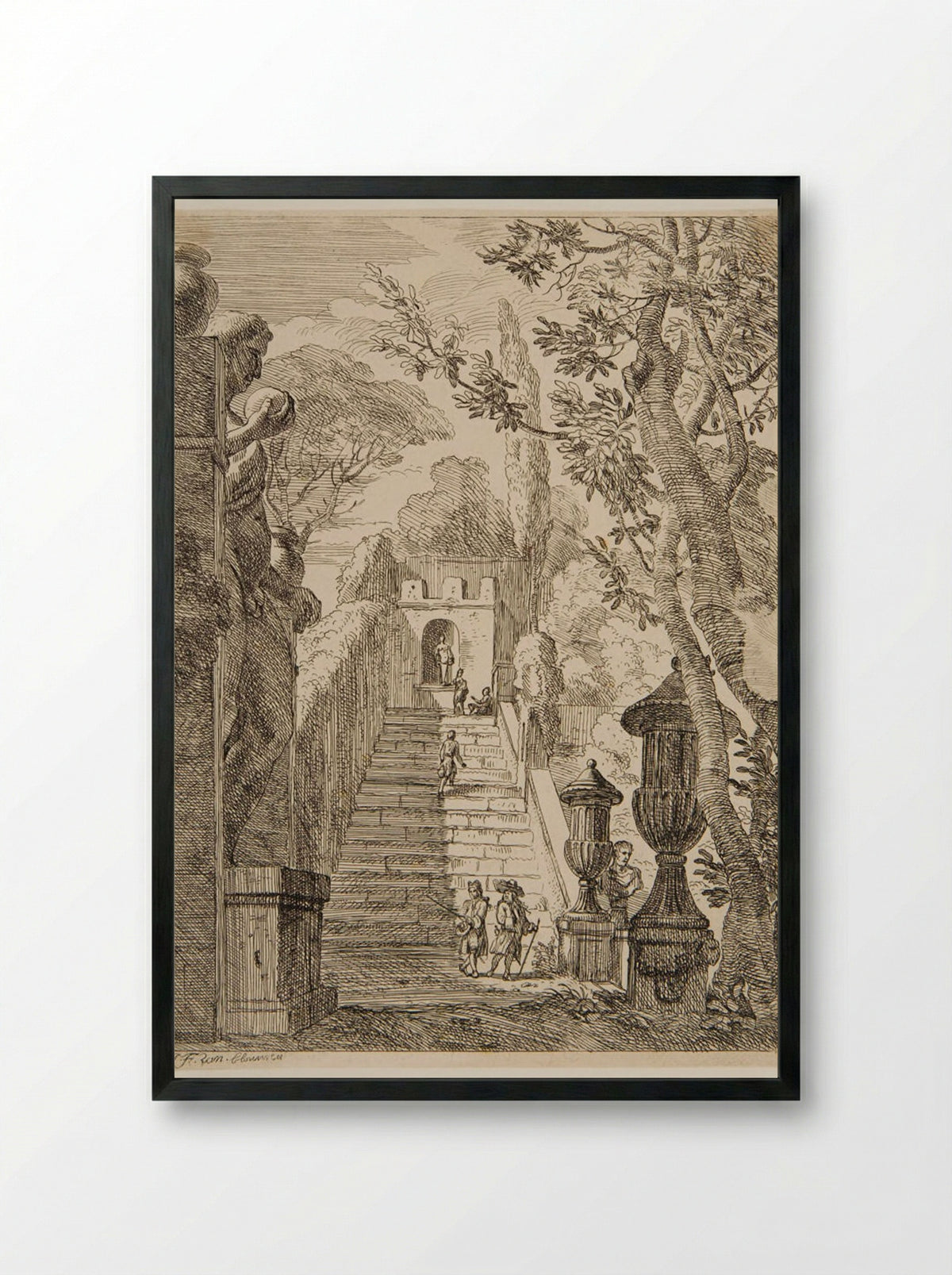 Fountain at the Head of a Stairway - Jan Frans van Bloemen - Framed Print Black