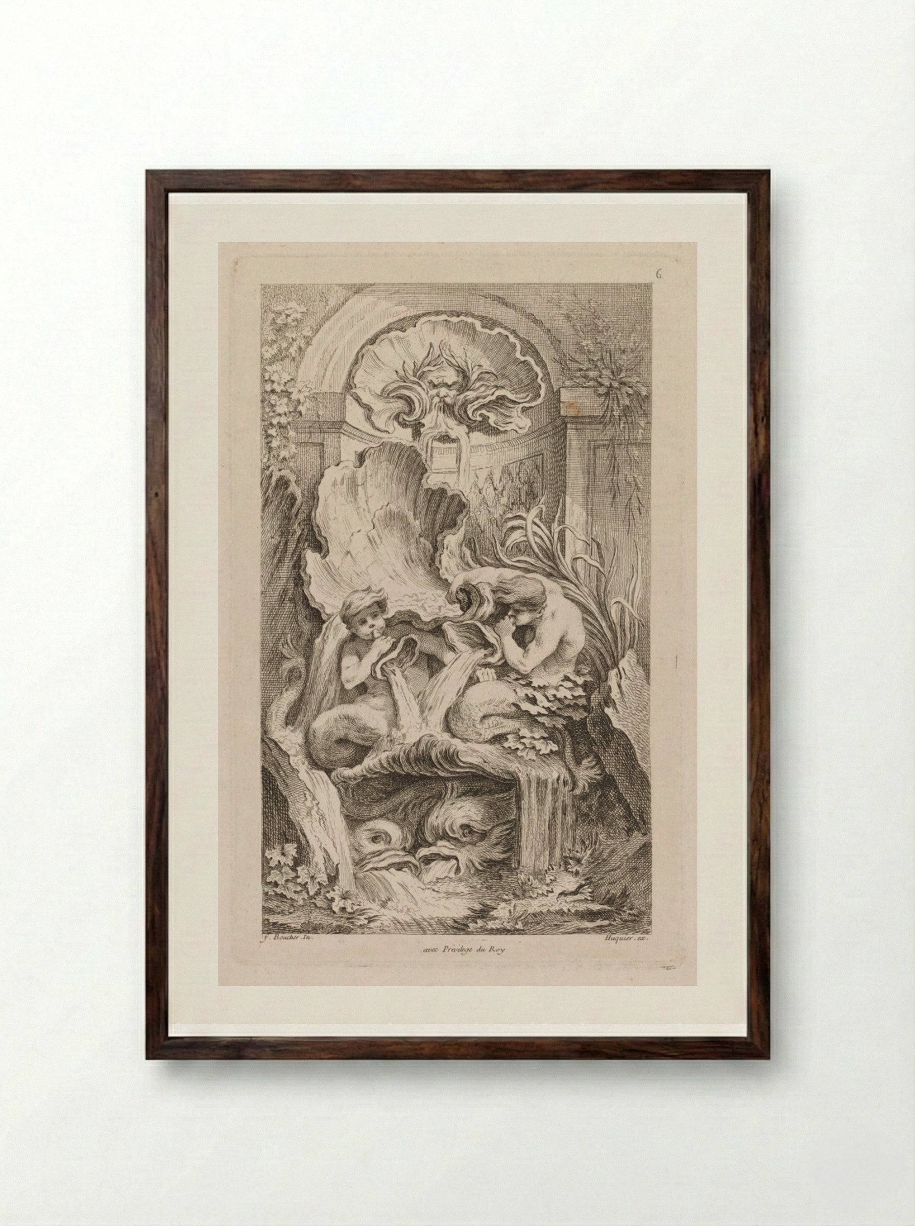 Fountain with Two Tritons Blowing Conch Shells - Gabriel Huquier - Framed Print Dark Wood