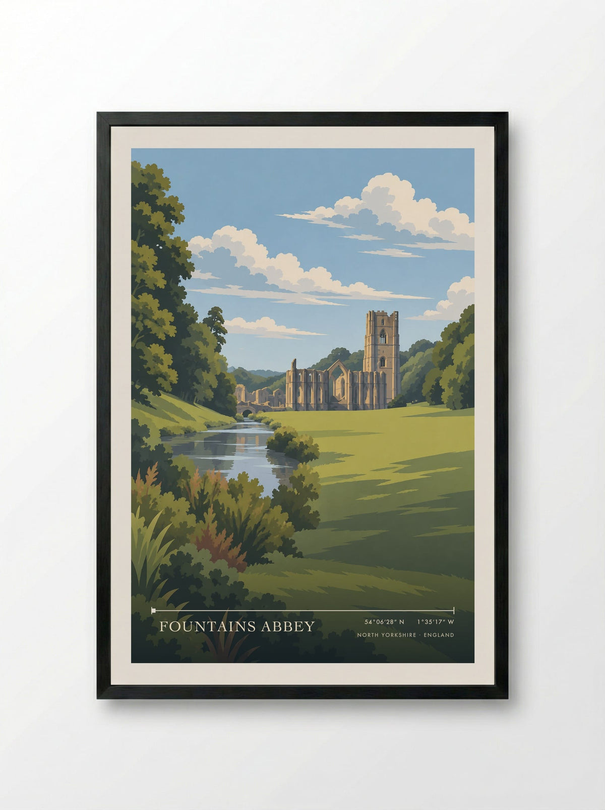 Fountains Abbey, North Yorkshire | Travel Poster - Framed Print Black