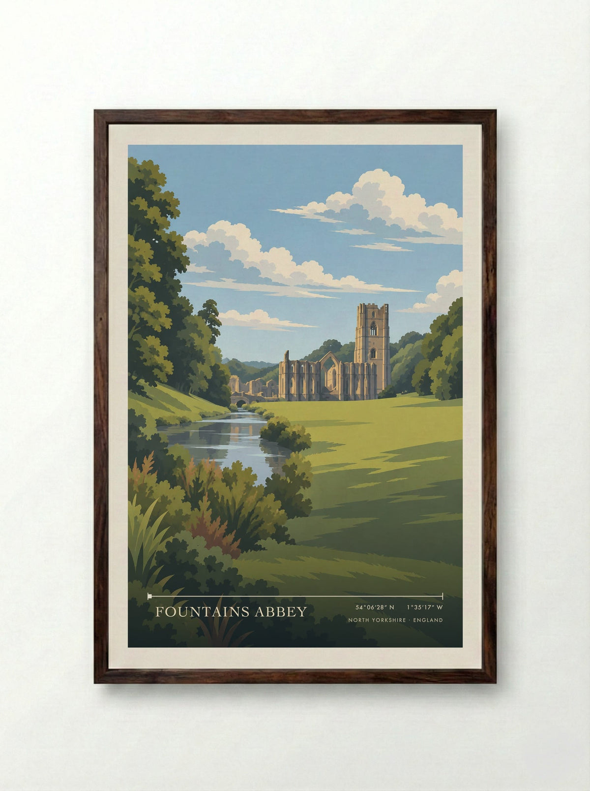 Fountains Abbey, North Yorkshire | Travel Poster - Framed Print Dark Wood