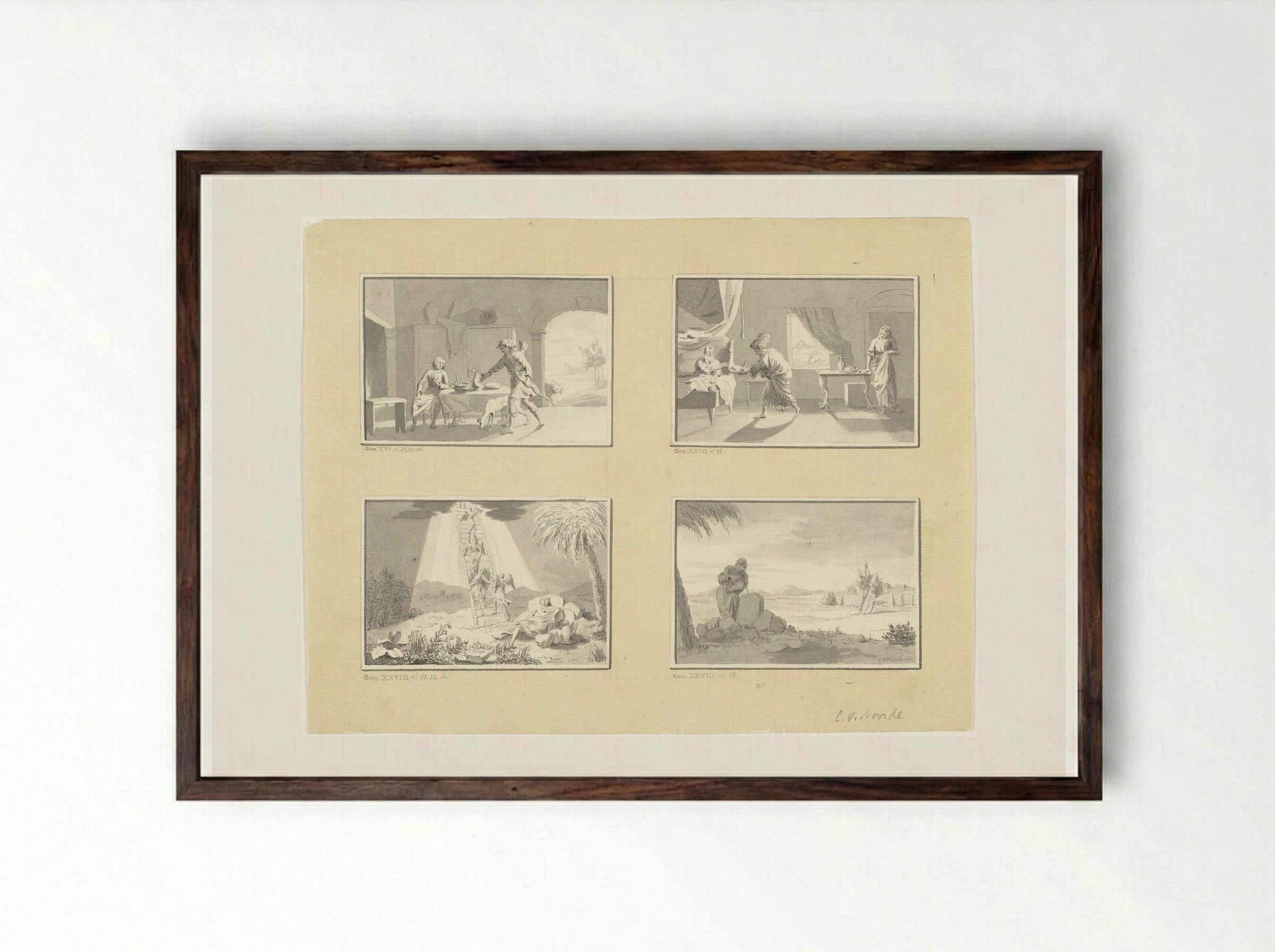 Four Illustrations from the Story of Isaac, Jacob and Esau - Cornelis van Noorde - Framed Print Dark Wood