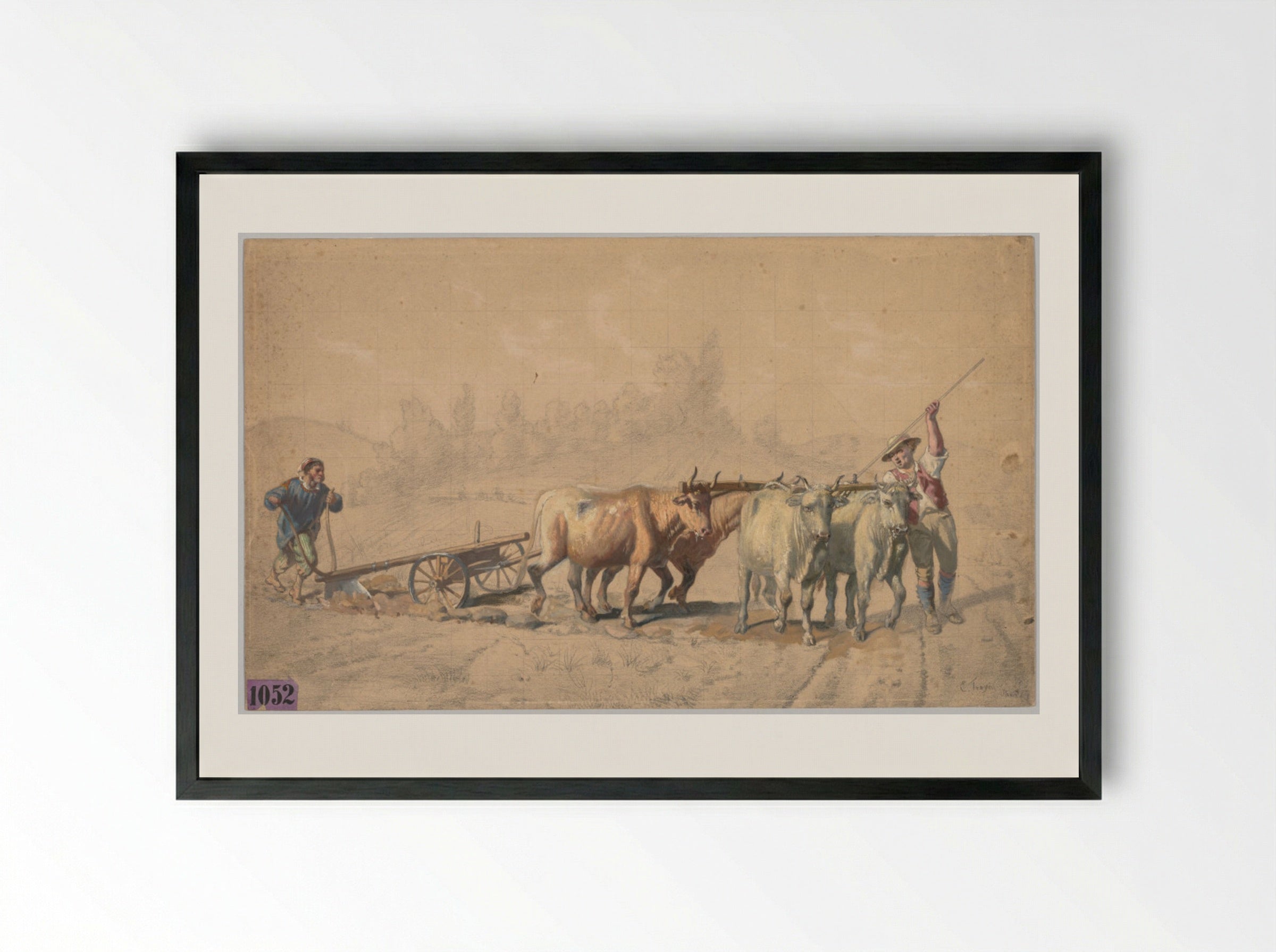 Four Oxen Pulling a Plough - Constant Troyon - Framed Print Black