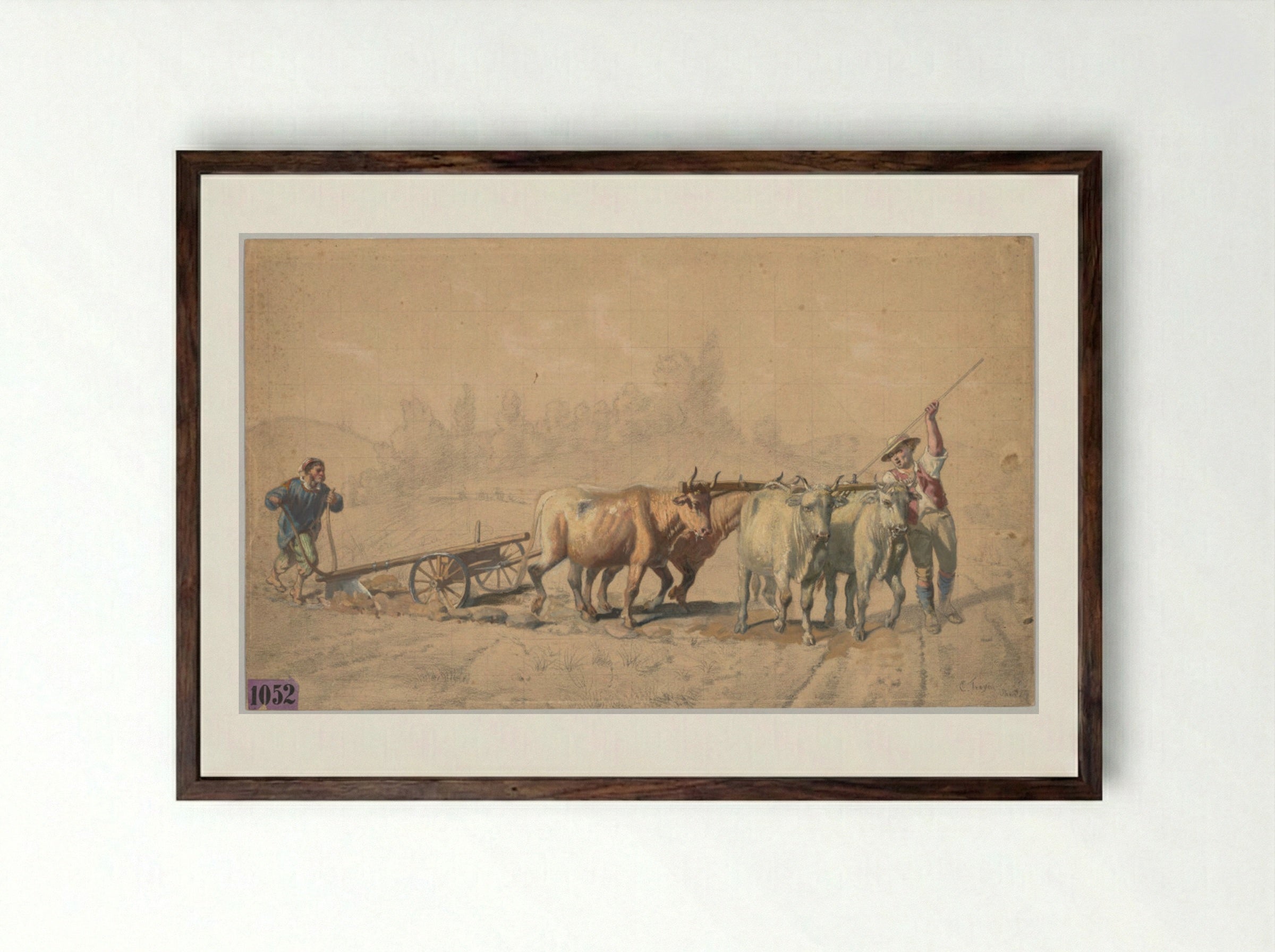 Four Oxen Pulling a Plough - Constant Troyon - Framed Print Dark Wood