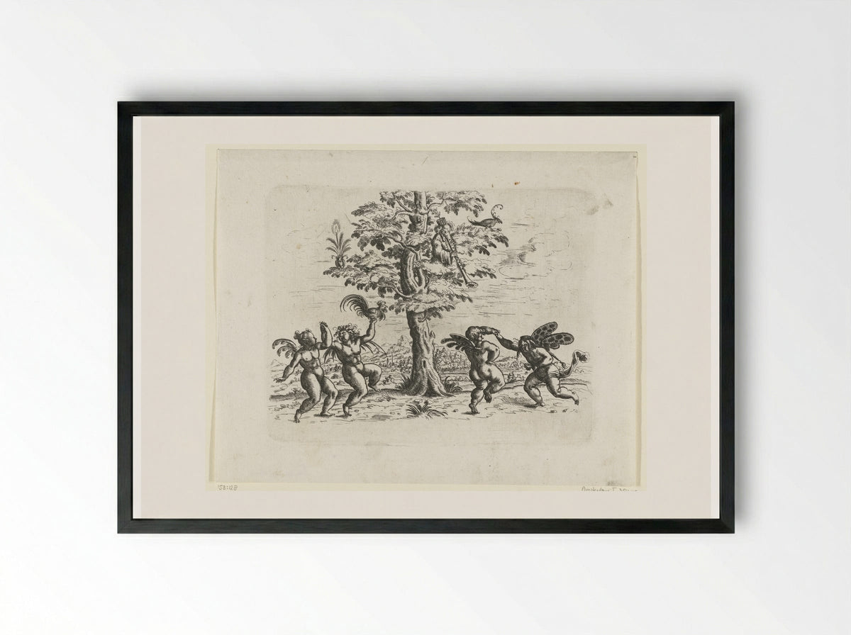Four Putti Dancing by a Tree - Christoph Jamnitzer - Framed Print Black