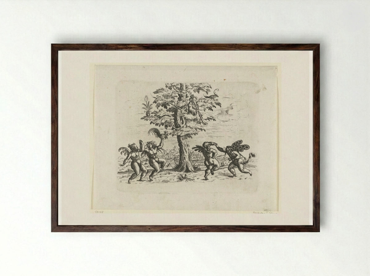 Four Putti Dancing by a Tree - Christoph Jamnitzer - Framed Print Dark Wood