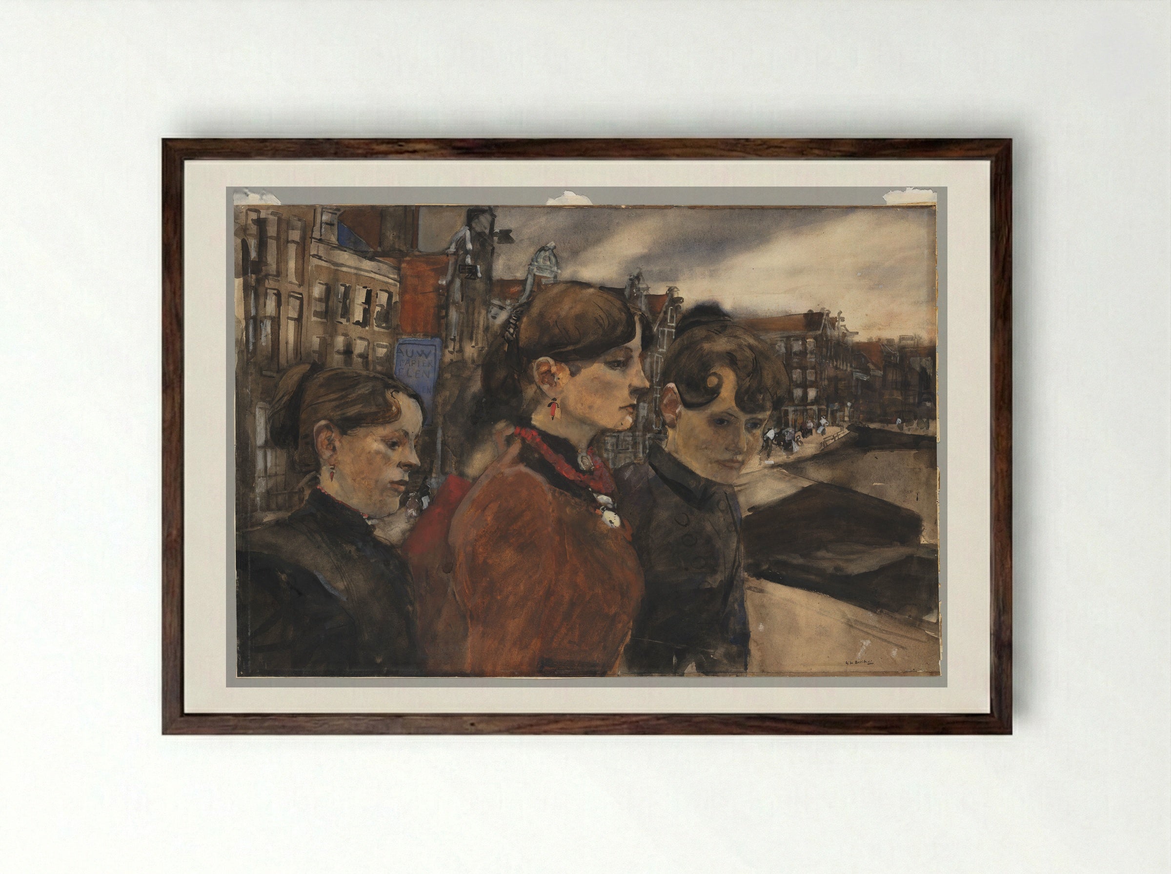 Four Women on a Bridge by the Westermarkt, Amsterdam - George Hendrik Breitner - Framed Print Dark Wood