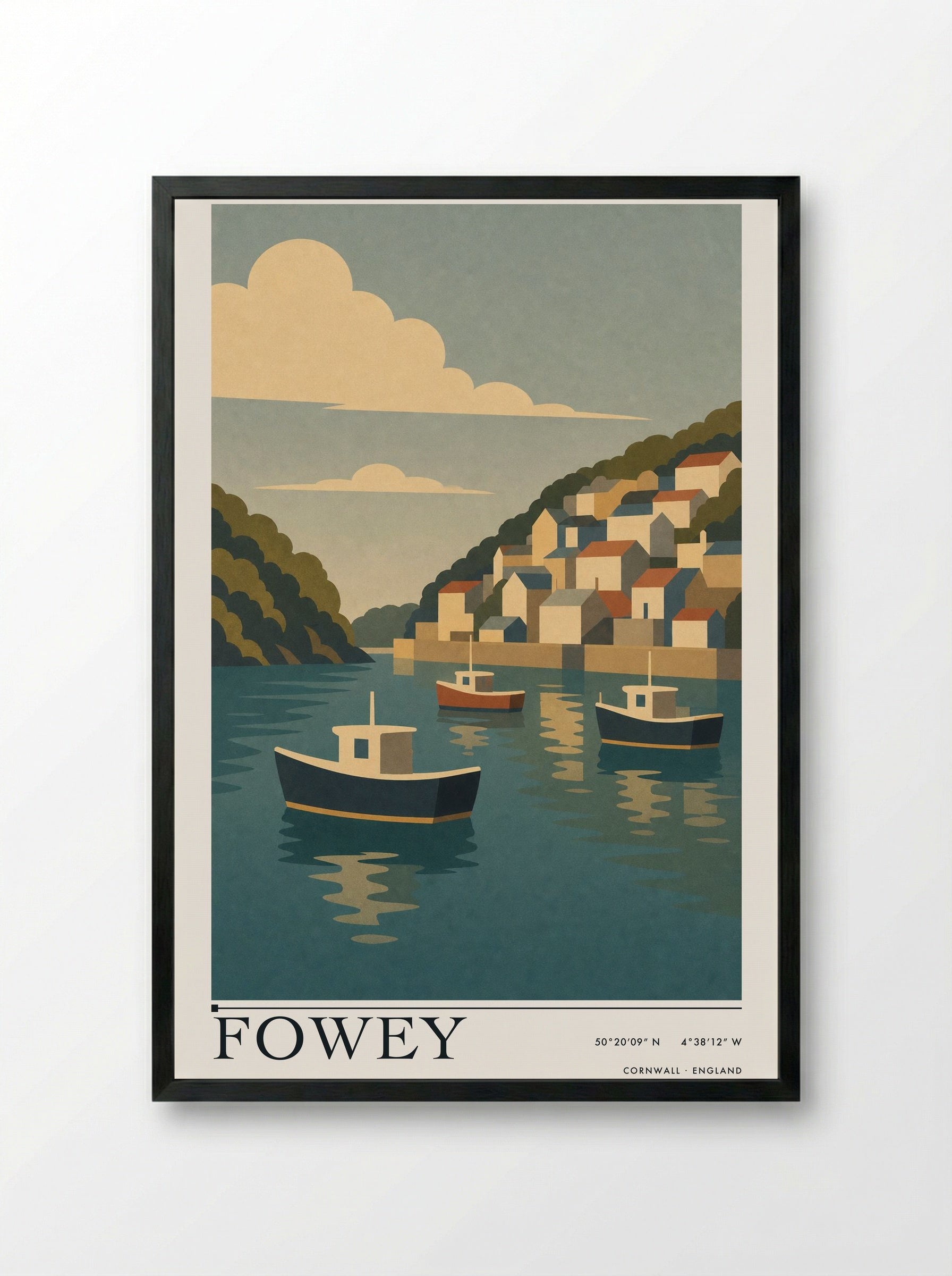 Fowey Cornwall Travel Poster - Framed Print Black