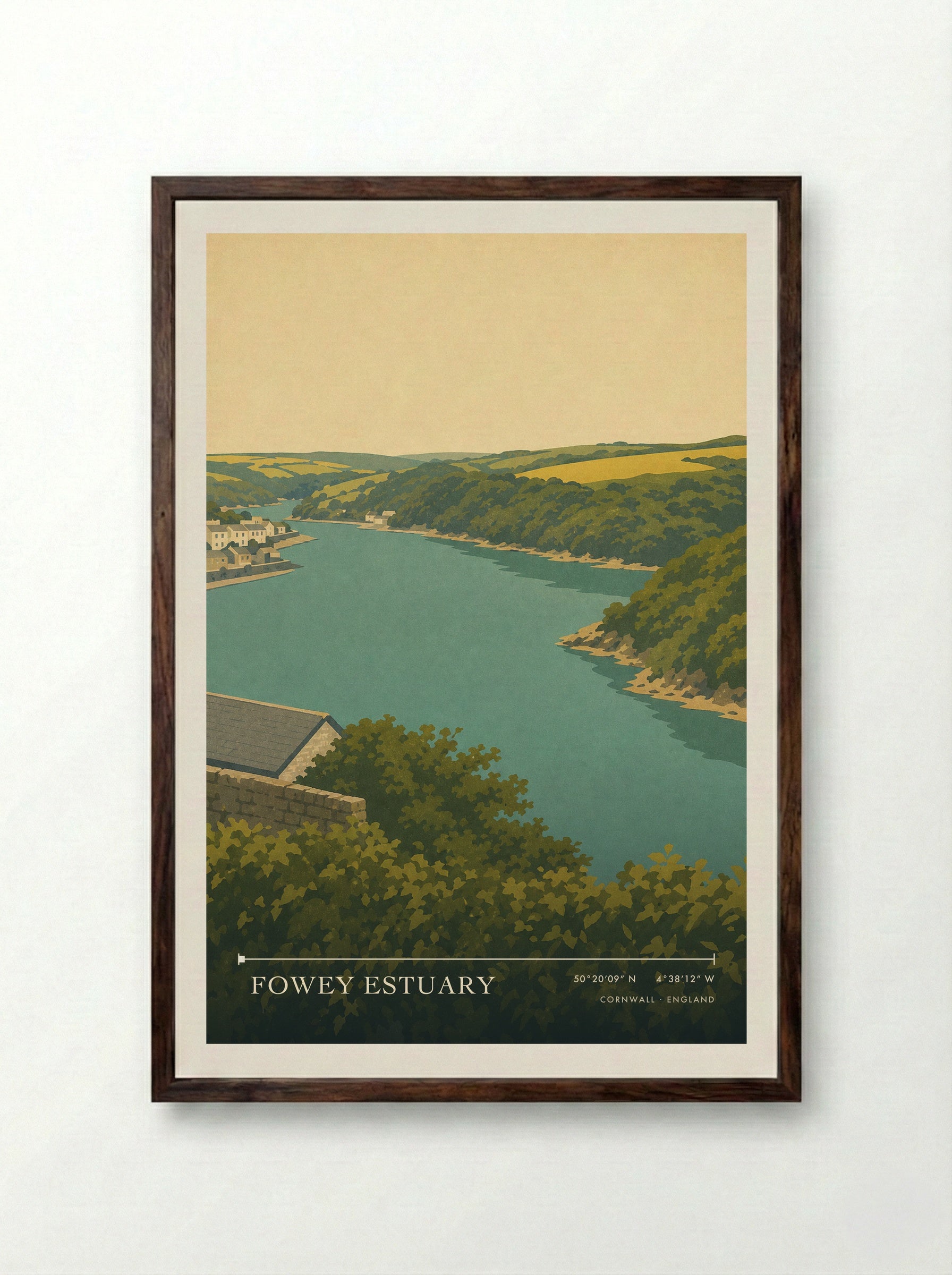 Fowey Estuary Cornwall England Travel Poster - Framed Print Dark Wood