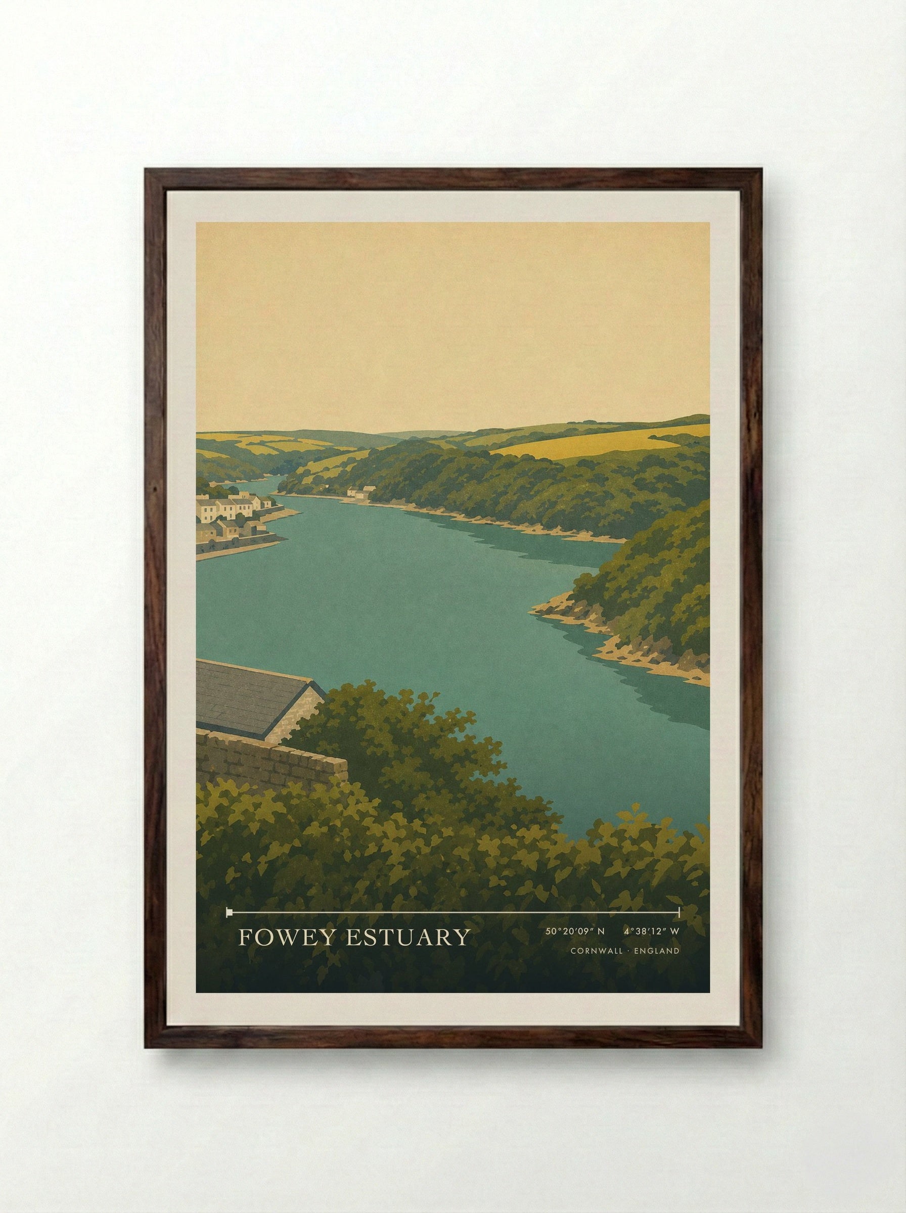 Fowey Estuary Cornwall England Travel Poster - Framed Print Dark Wood