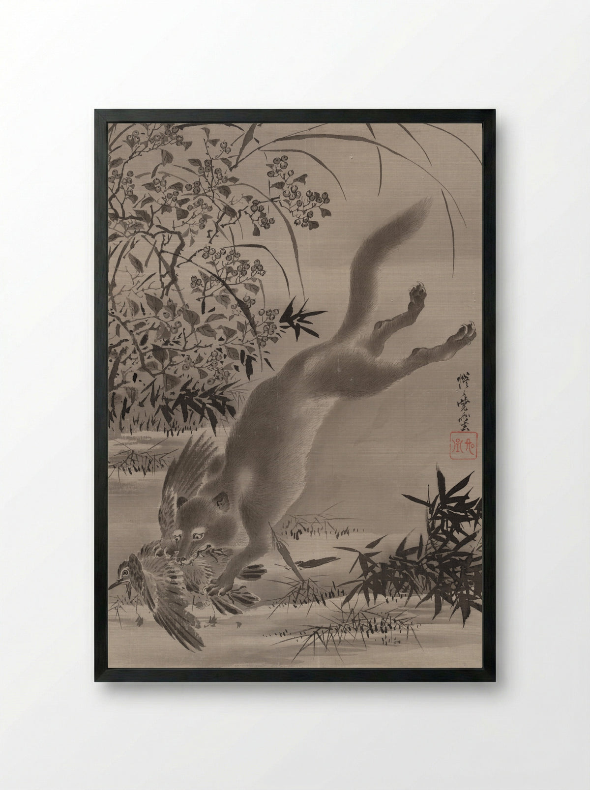 Fox Catching Bird - Kawanabe Kyōsai - Framed Print Black