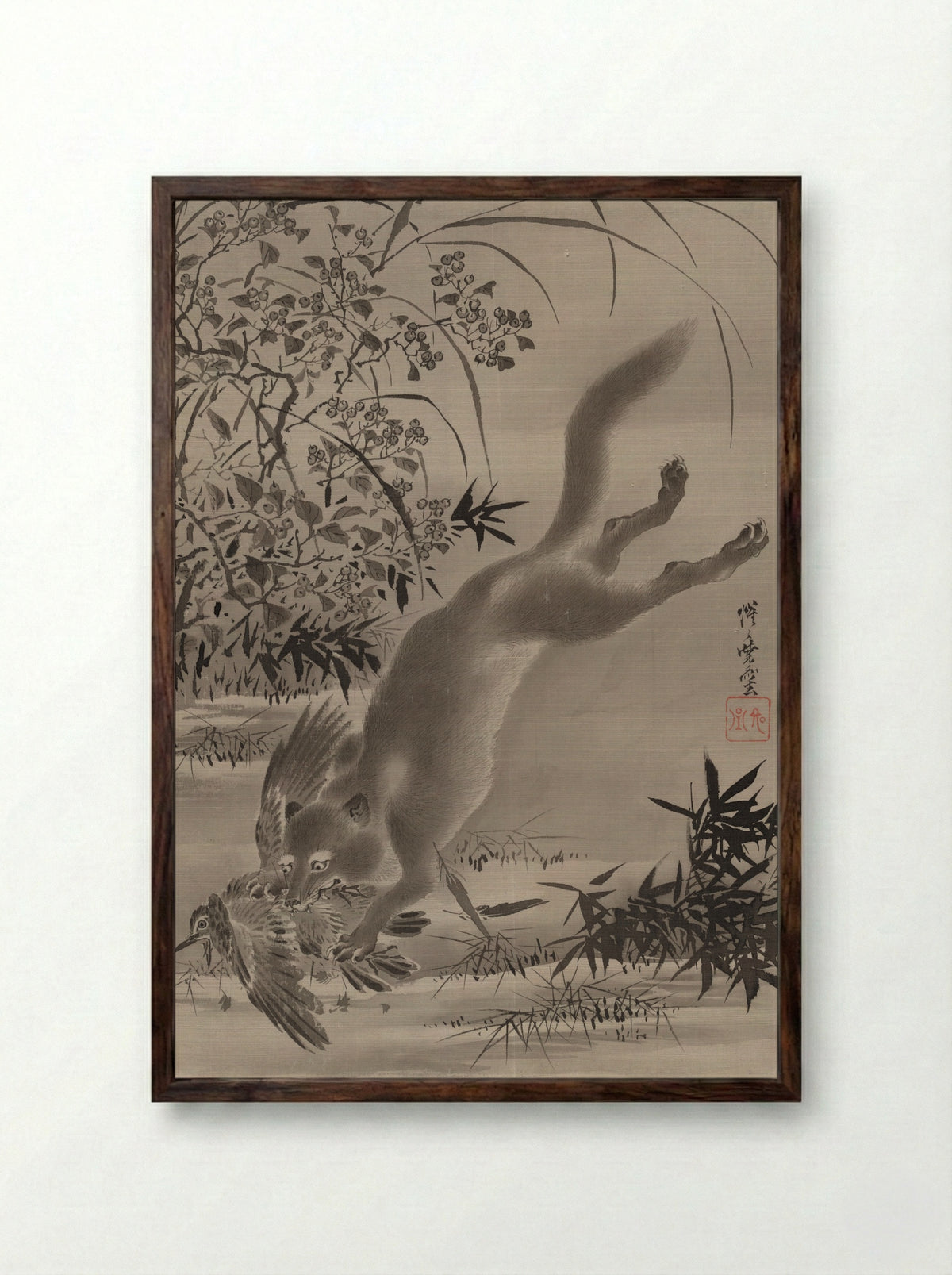 Fox Catching Bird - Kawanabe Kyōsai - Framed Print Dark Wood