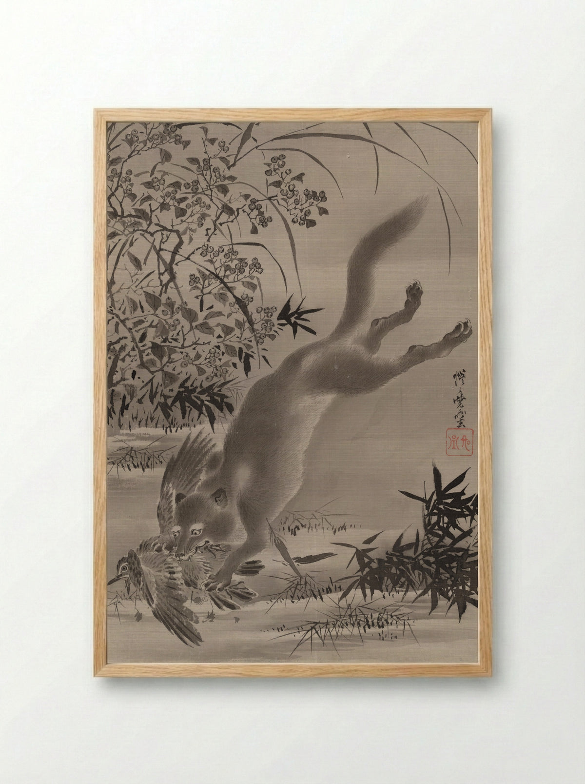 Fox Catching Bird - Kawanabe Kyōsai - Framed Print Wood
