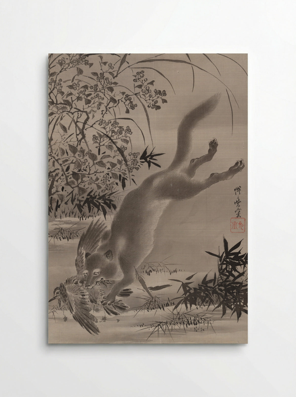 Fox Catching Bird - Kawanabe Kyōsai - Poster