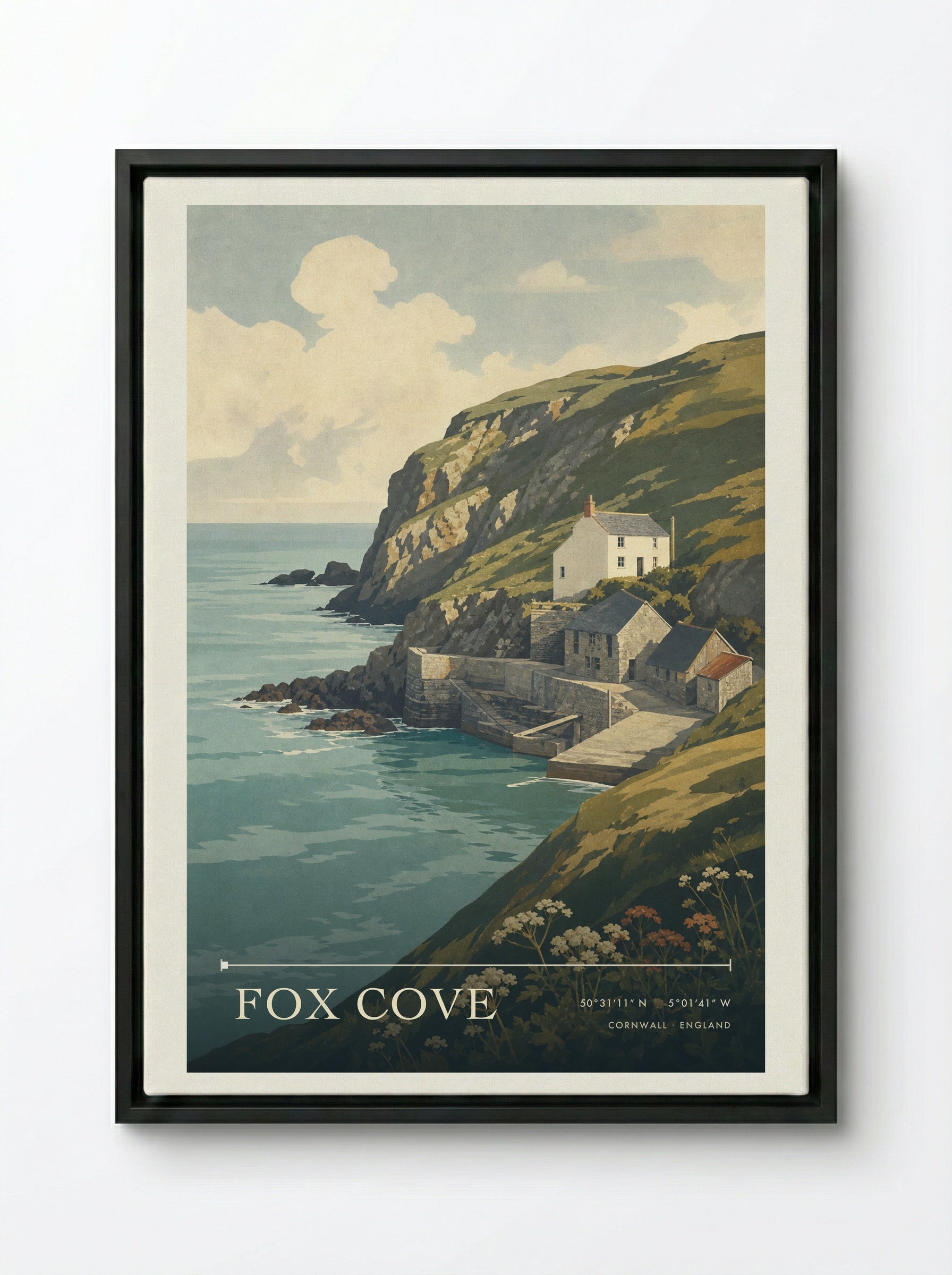 Fox Cove Cornwall England Travel Poster - Framed Canvas Black